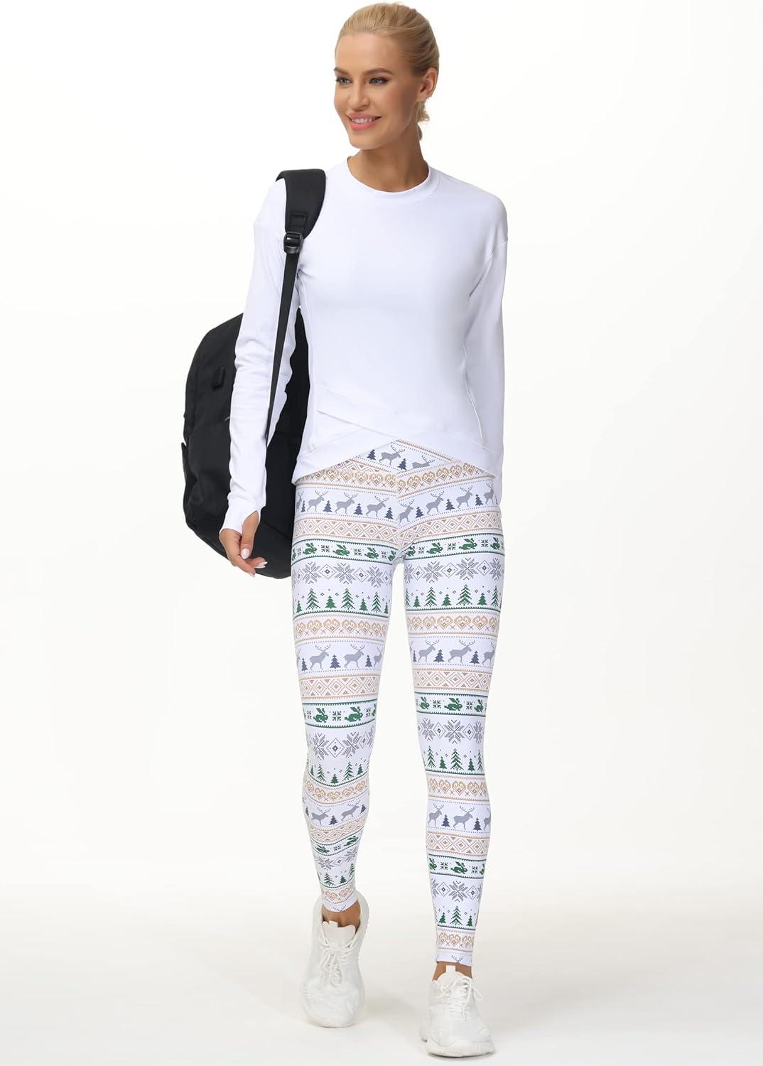imageTHE GYM PEOPLE Womens V Cross Waist Yoga Leggings with High Waisted Tummy ControlXmas Print White