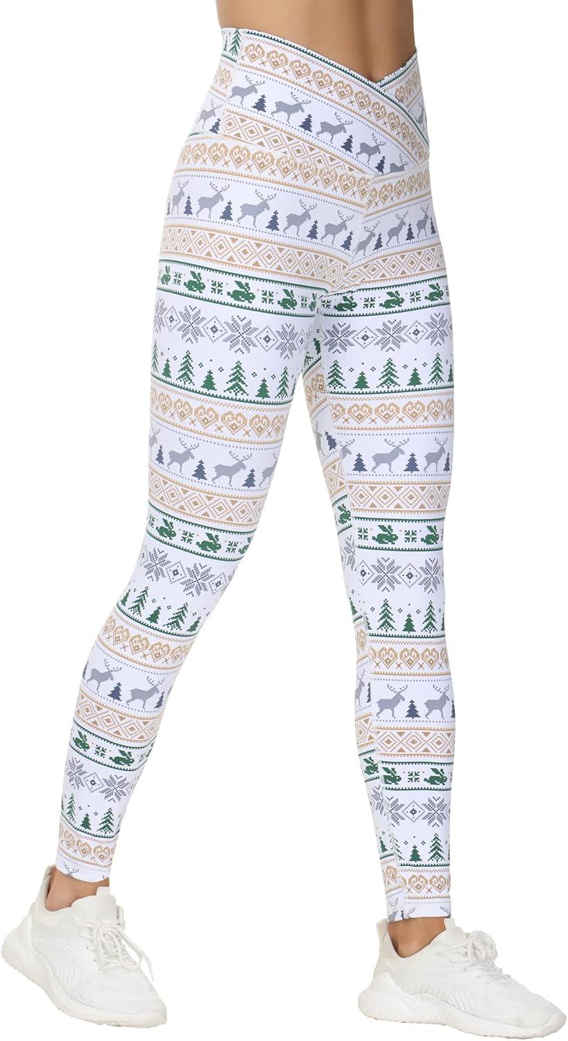 imageTHE GYM PEOPLE Womens V Cross Waist Yoga Leggings with High Waisted Tummy ControlXmas Print White