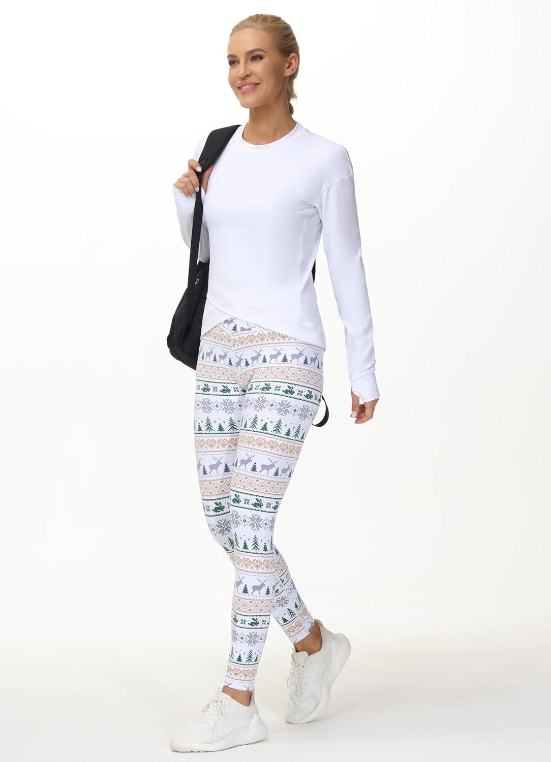 imageTHE GYM PEOPLE Womens V Cross Waist Yoga Leggings with High Waisted Tummy ControlXmas Print White
