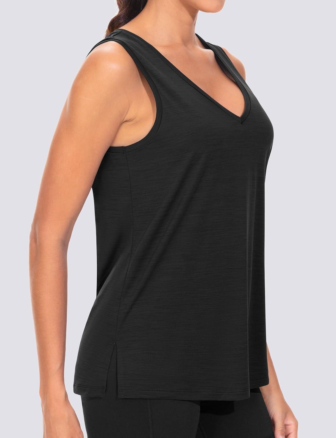imageTHE GYM PEOPLE Womens V Neck Tank Tops Stretchy Loose Fit Sleeveless Workout Shirts Quick Dry Yoga Tops with Side SplitBlack