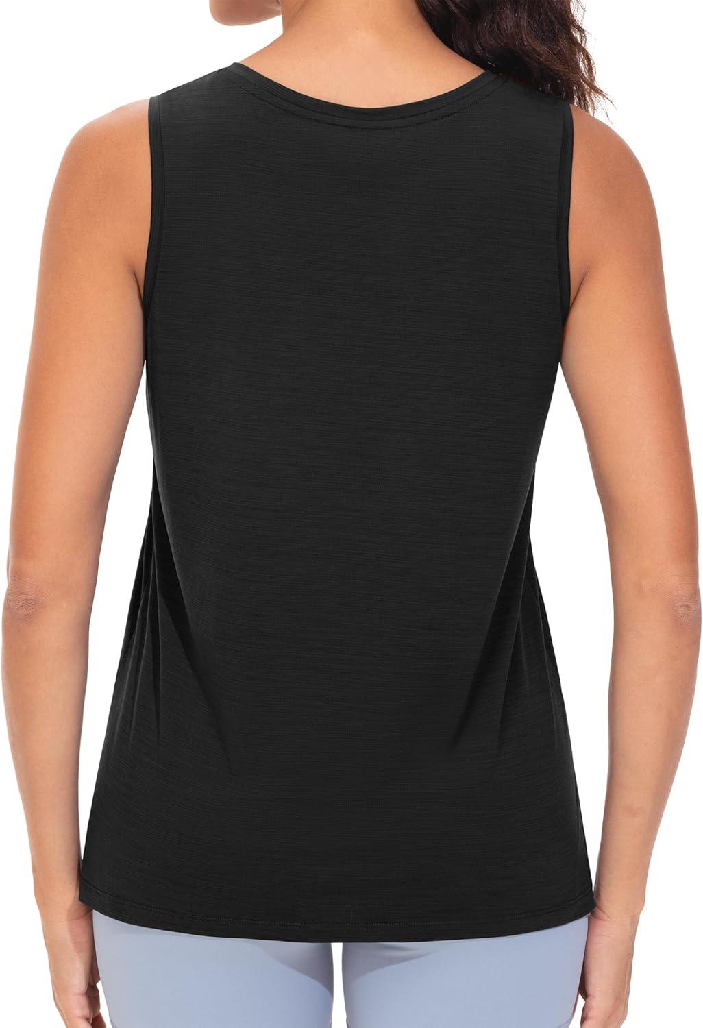 imageTHE GYM PEOPLE Womens V Neck Tank Tops Stretchy Loose Fit Sleeveless Workout Shirts Quick Dry Yoga Tops with Side SplitBlack