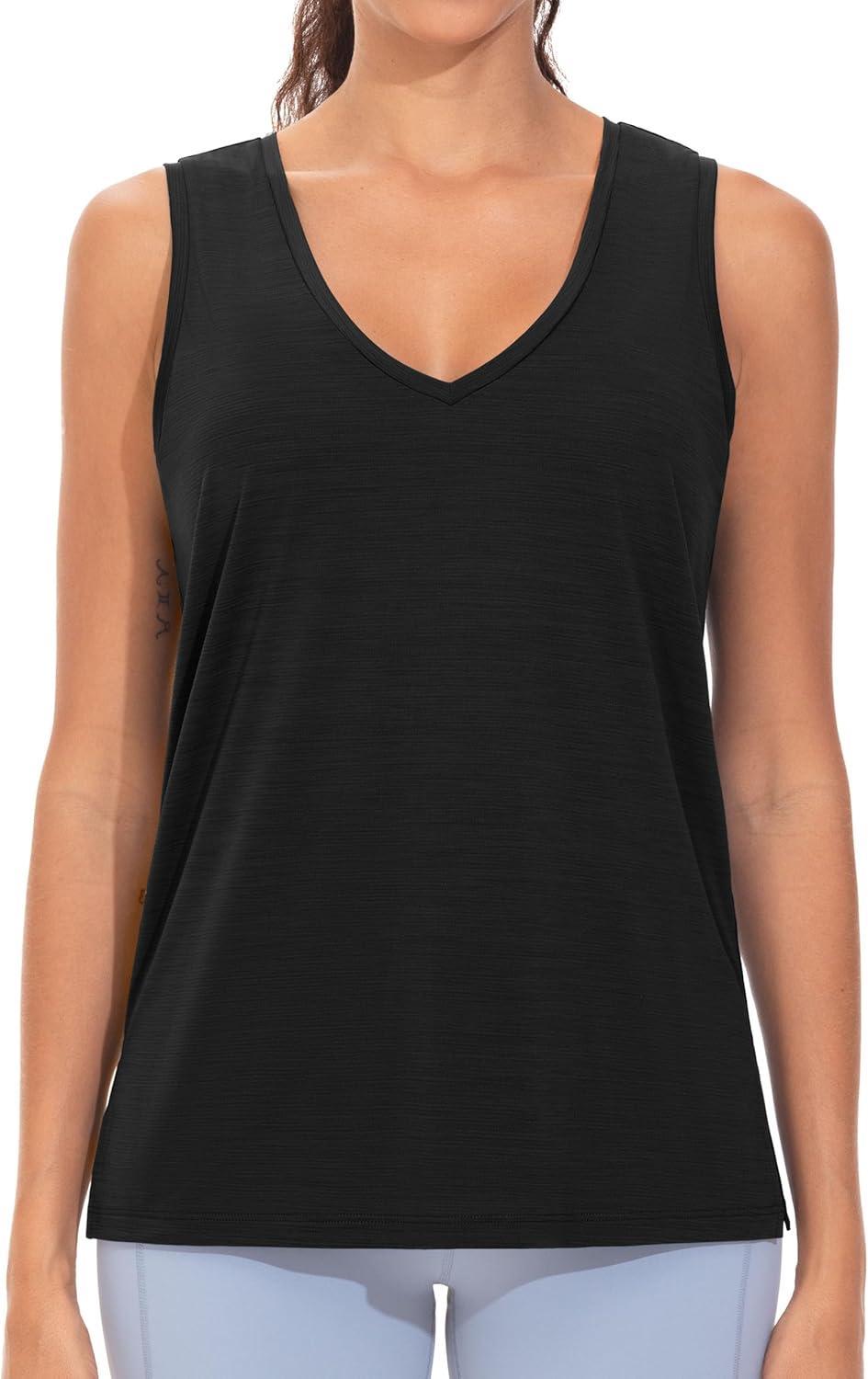 imageTHE GYM PEOPLE Womens V Neck Tank Tops Stretchy Loose Fit Sleeveless Workout Shirts Quick Dry Yoga Tops with Side SplitBlack
