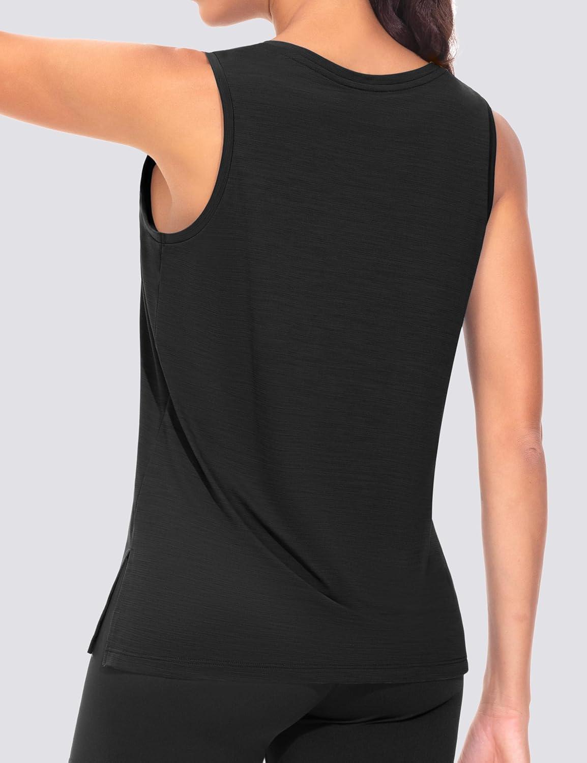 imageTHE GYM PEOPLE Womens V Neck Tank Tops Stretchy Loose Fit Sleeveless Workout Shirts Quick Dry Yoga Tops with Side SplitBlack