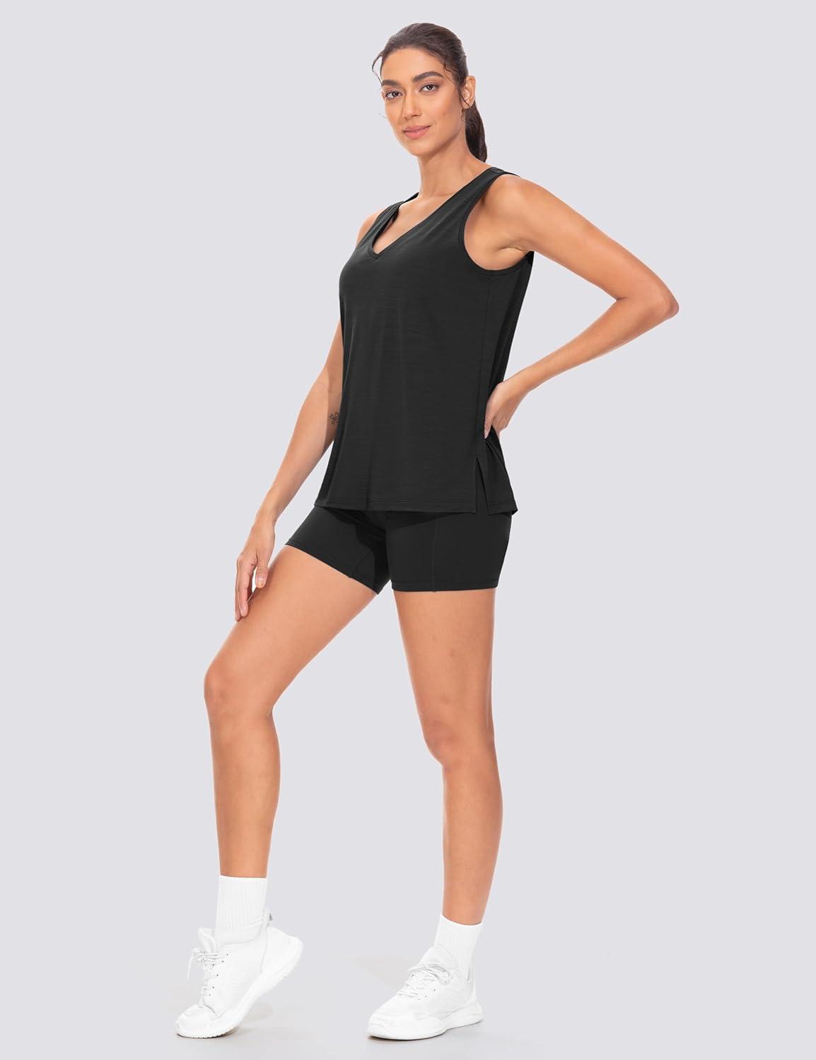 imageTHE GYM PEOPLE Womens V Neck Tank Tops Stretchy Loose Fit Sleeveless Workout Shirts Quick Dry Yoga Tops with Side SplitBlack
