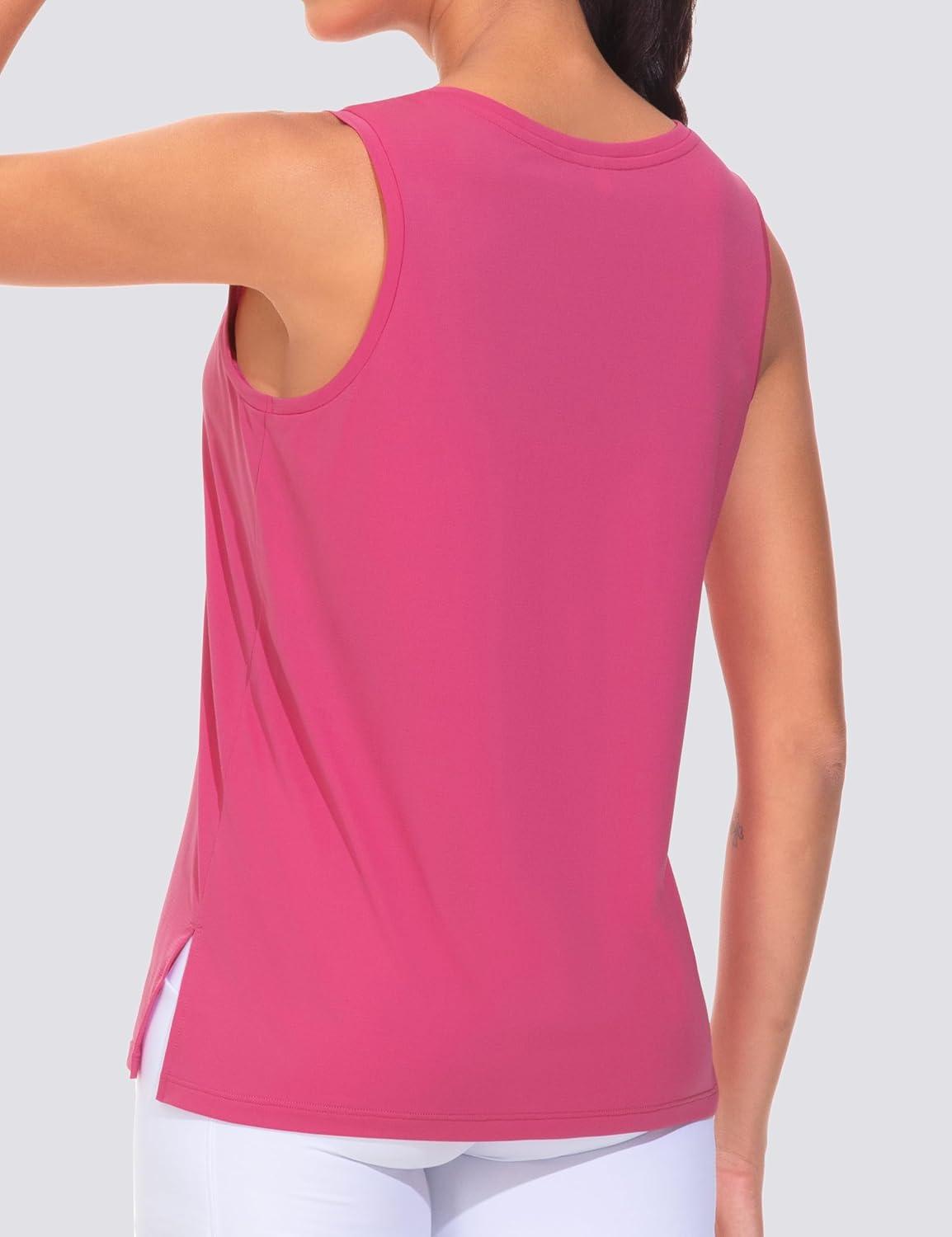 imageTHE GYM PEOPLE Womens V Neck Tank Tops Stretchy Loose Fit Sleeveless Workout Shirts Quick Dry Yoga Tops with Side SplitBright Pink