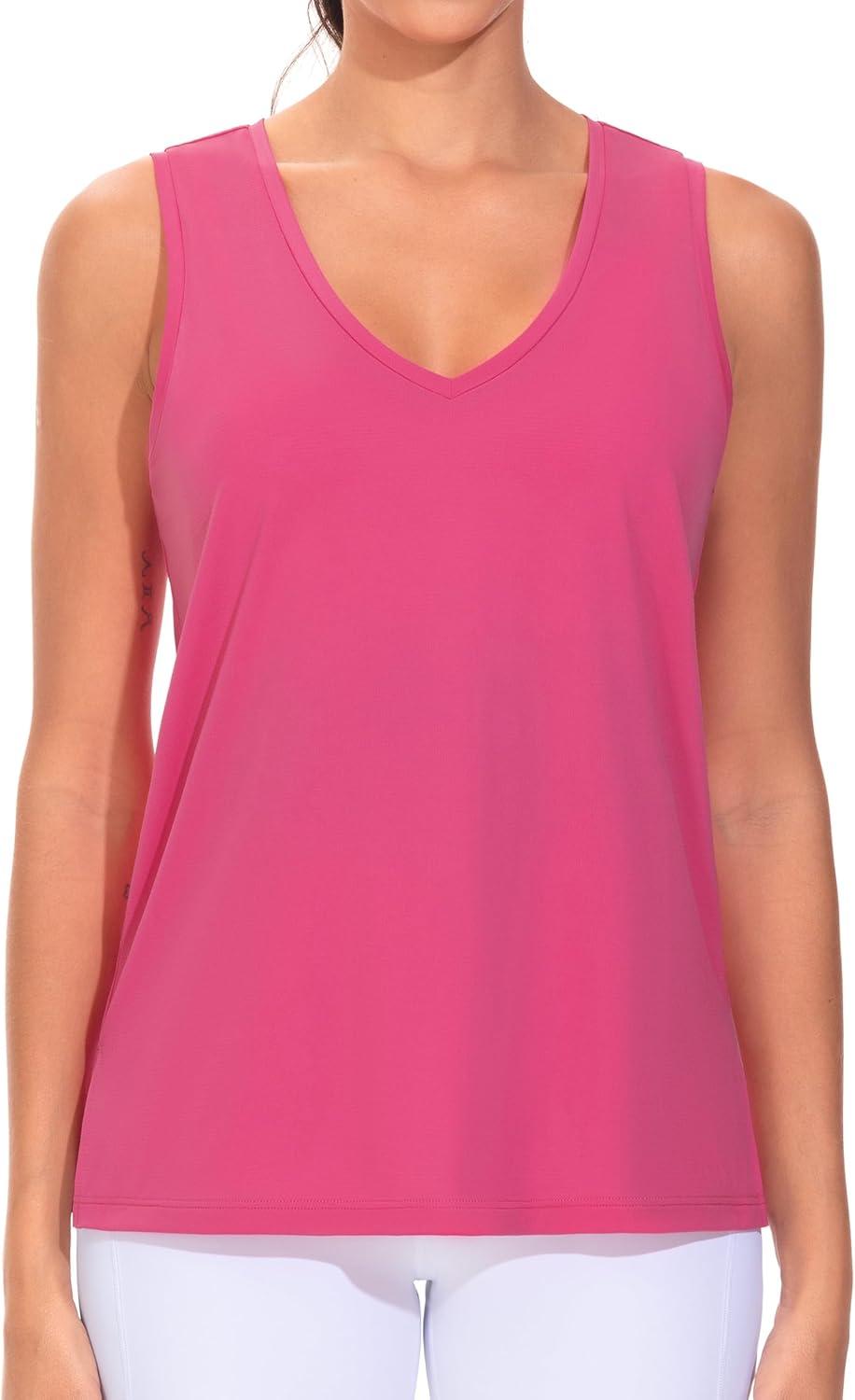imageTHE GYM PEOPLE Womens V Neck Tank Tops Stretchy Loose Fit Sleeveless Workout Shirts Quick Dry Yoga Tops with Side SplitBright Pink