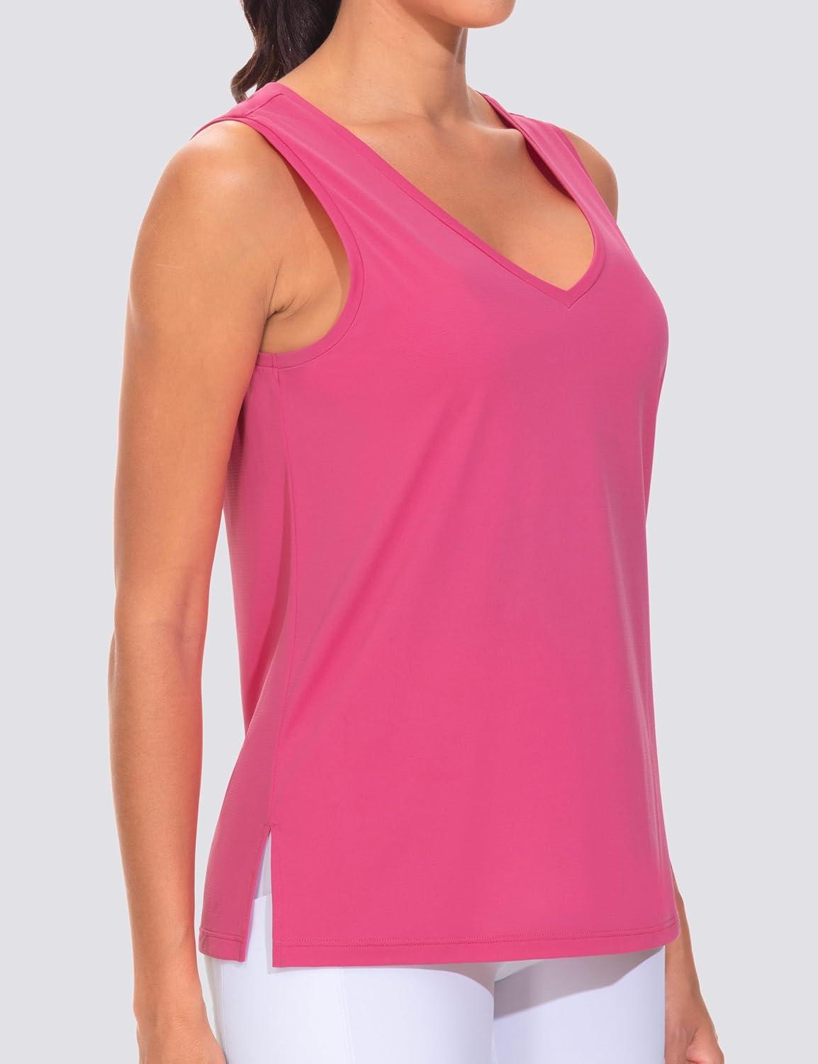 imageTHE GYM PEOPLE Womens V Neck Tank Tops Stretchy Loose Fit Sleeveless Workout Shirts Quick Dry Yoga Tops with Side SplitBright Pink