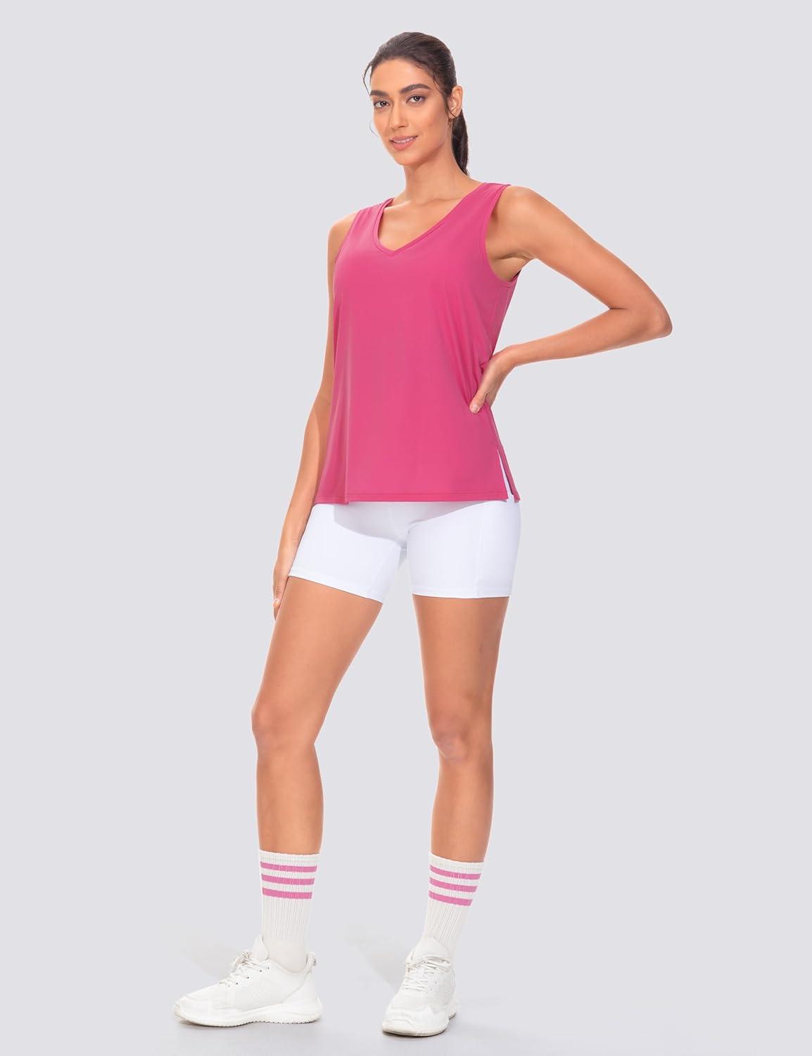 imageTHE GYM PEOPLE Womens V Neck Tank Tops Stretchy Loose Fit Sleeveless Workout Shirts Quick Dry Yoga Tops with Side SplitBright Pink