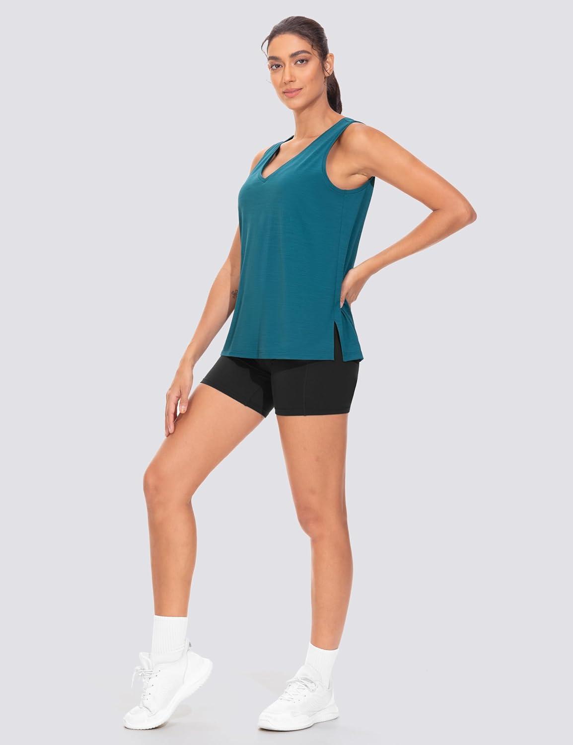 imageTHE GYM PEOPLE Womens V Neck Tank Tops Stretchy Loose Fit Sleeveless Workout Shirts Quick Dry Yoga Tops with Side SplitDark Blue Green