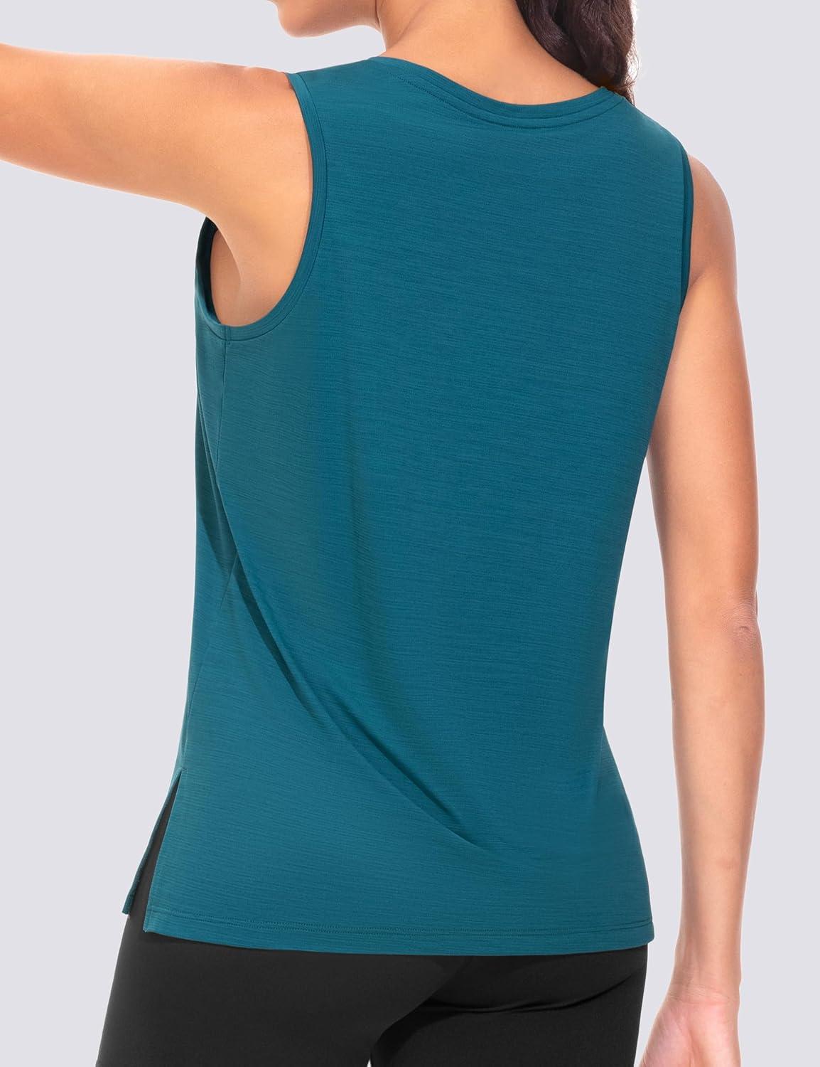 imageTHE GYM PEOPLE Womens V Neck Tank Tops Stretchy Loose Fit Sleeveless Workout Shirts Quick Dry Yoga Tops with Side SplitDark Blue Green