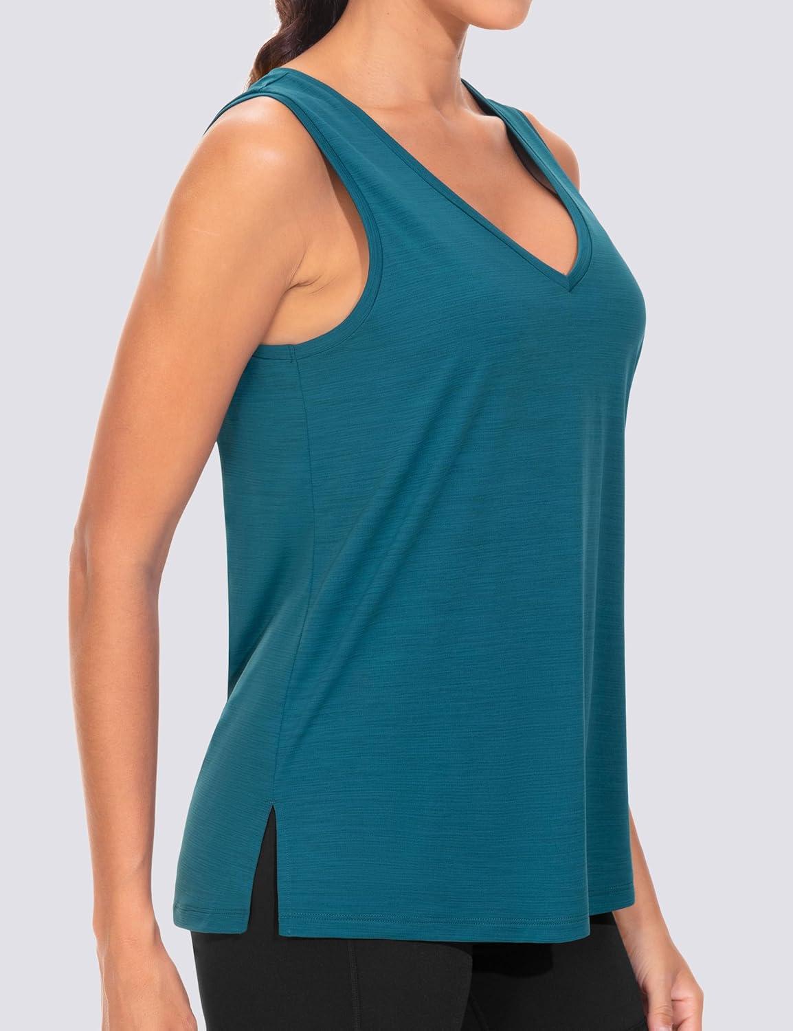 imageTHE GYM PEOPLE Womens V Neck Tank Tops Stretchy Loose Fit Sleeveless Workout Shirts Quick Dry Yoga Tops with Side SplitDark Blue Green