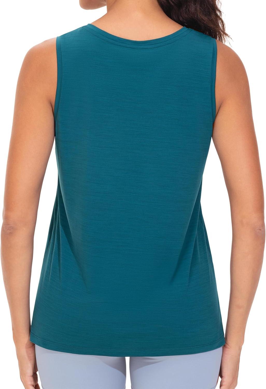 imageTHE GYM PEOPLE Womens V Neck Tank Tops Stretchy Loose Fit Sleeveless Workout Shirts Quick Dry Yoga Tops with Side SplitDark Blue Green