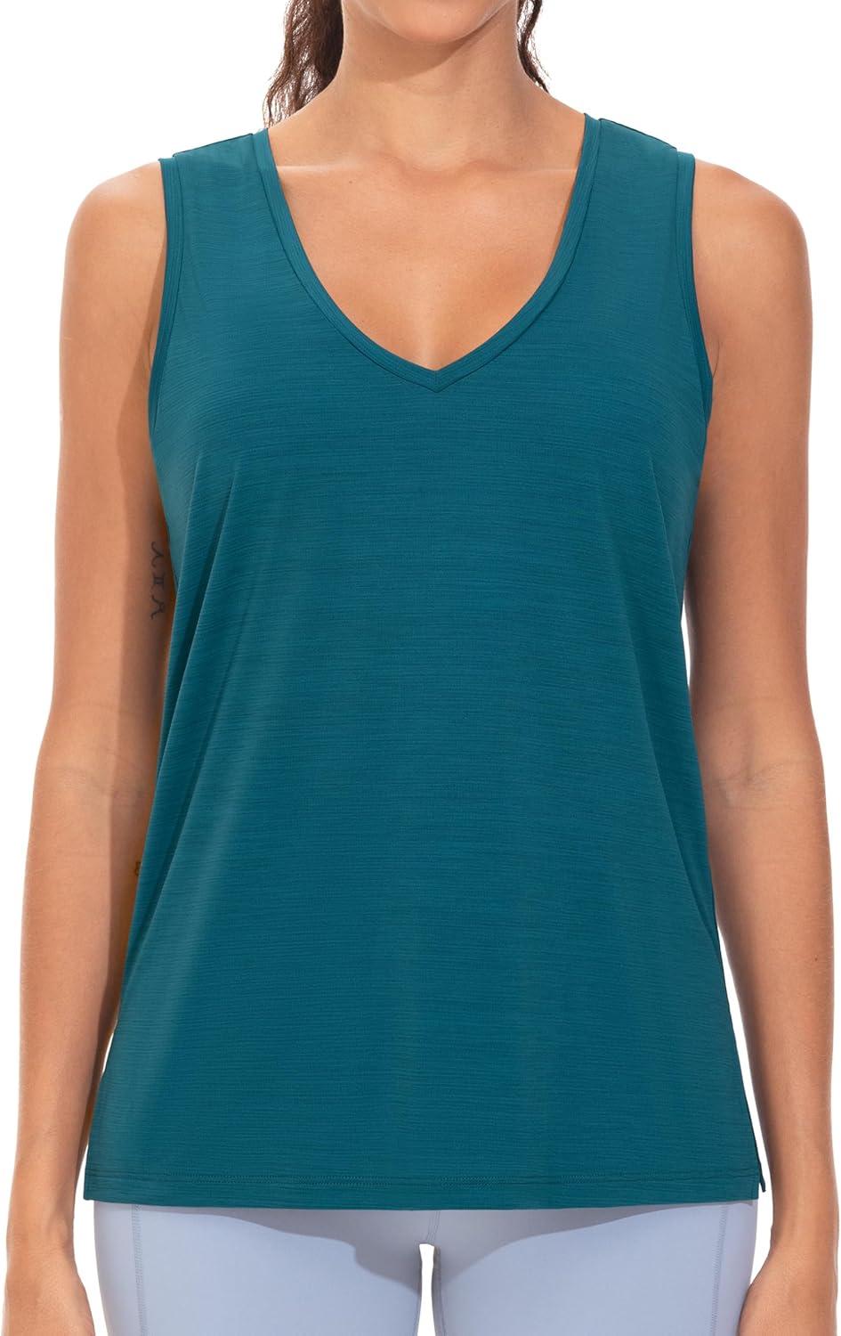 imageTHE GYM PEOPLE Womens V Neck Tank Tops Stretchy Loose Fit Sleeveless Workout Shirts Quick Dry Yoga Tops with Side SplitDark Blue Green