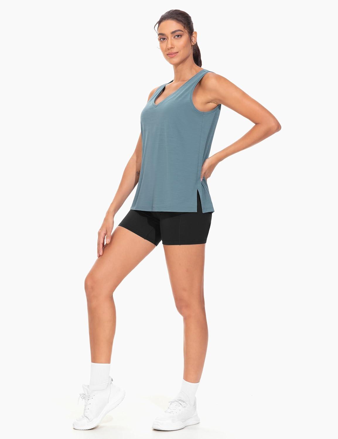 imageTHE GYM PEOPLE Womens V Neck Tank Tops Stretchy Loose Fit Sleeveless Workout Shirts Quick Dry Yoga Tops with Side SplitGrey Blue