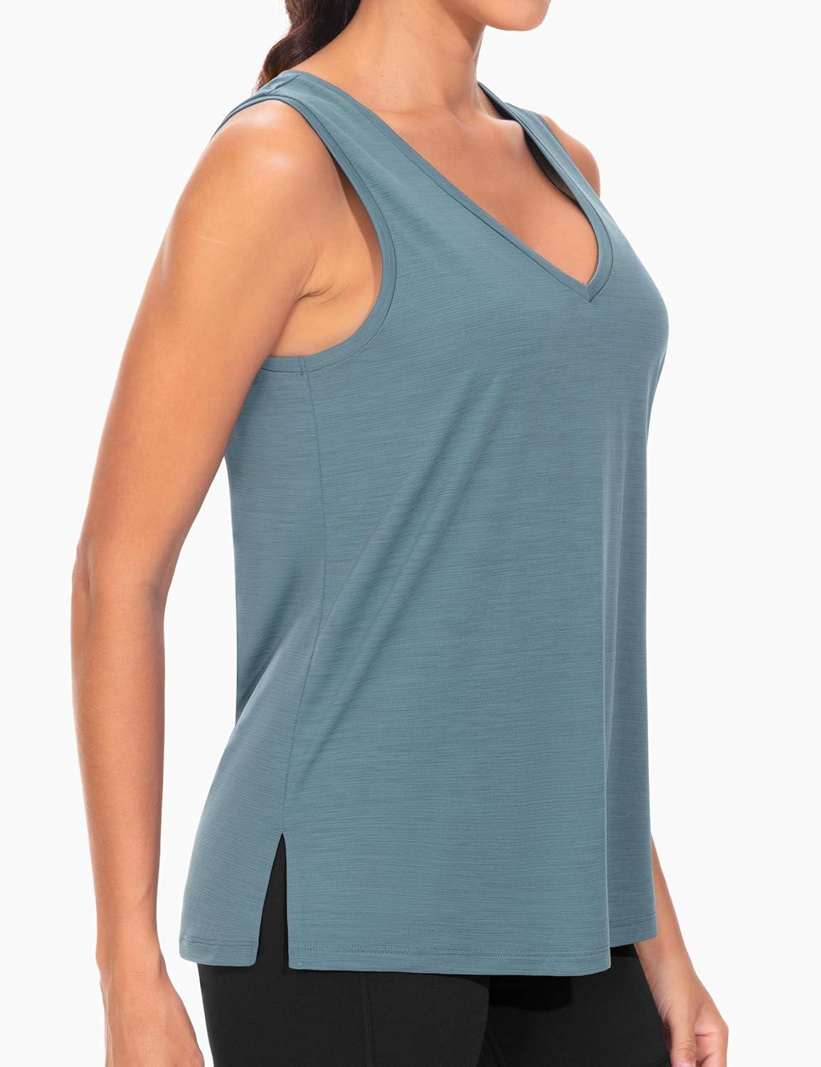 imageTHE GYM PEOPLE Womens V Neck Tank Tops Stretchy Loose Fit Sleeveless Workout Shirts Quick Dry Yoga Tops with Side SplitGrey Blue