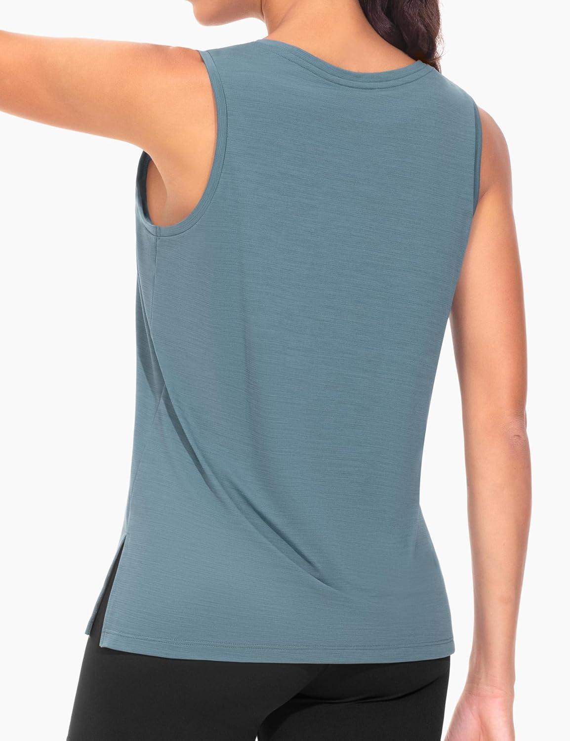 imageTHE GYM PEOPLE Womens V Neck Tank Tops Stretchy Loose Fit Sleeveless Workout Shirts Quick Dry Yoga Tops with Side SplitGrey Blue