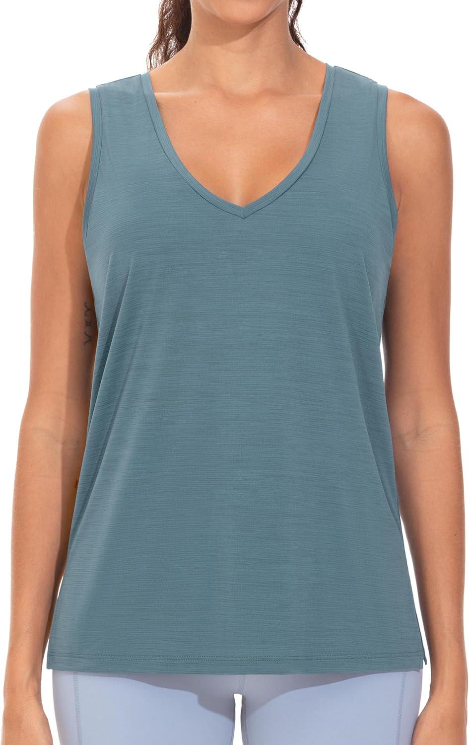 imageTHE GYM PEOPLE Womens V Neck Tank Tops Stretchy Loose Fit Sleeveless Workout Shirts Quick Dry Yoga Tops with Side SplitGrey Blue