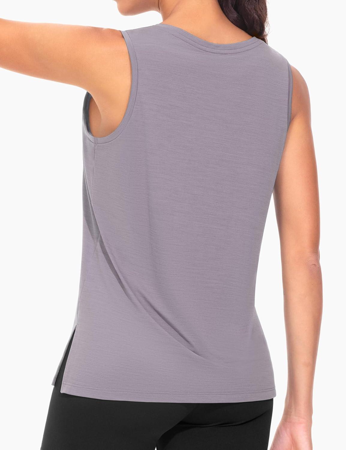 imageTHE GYM PEOPLE Womens V Neck Tank Tops Stretchy Loose Fit Sleeveless Workout Shirts Quick Dry Yoga Tops with Side SplitGrey Purple