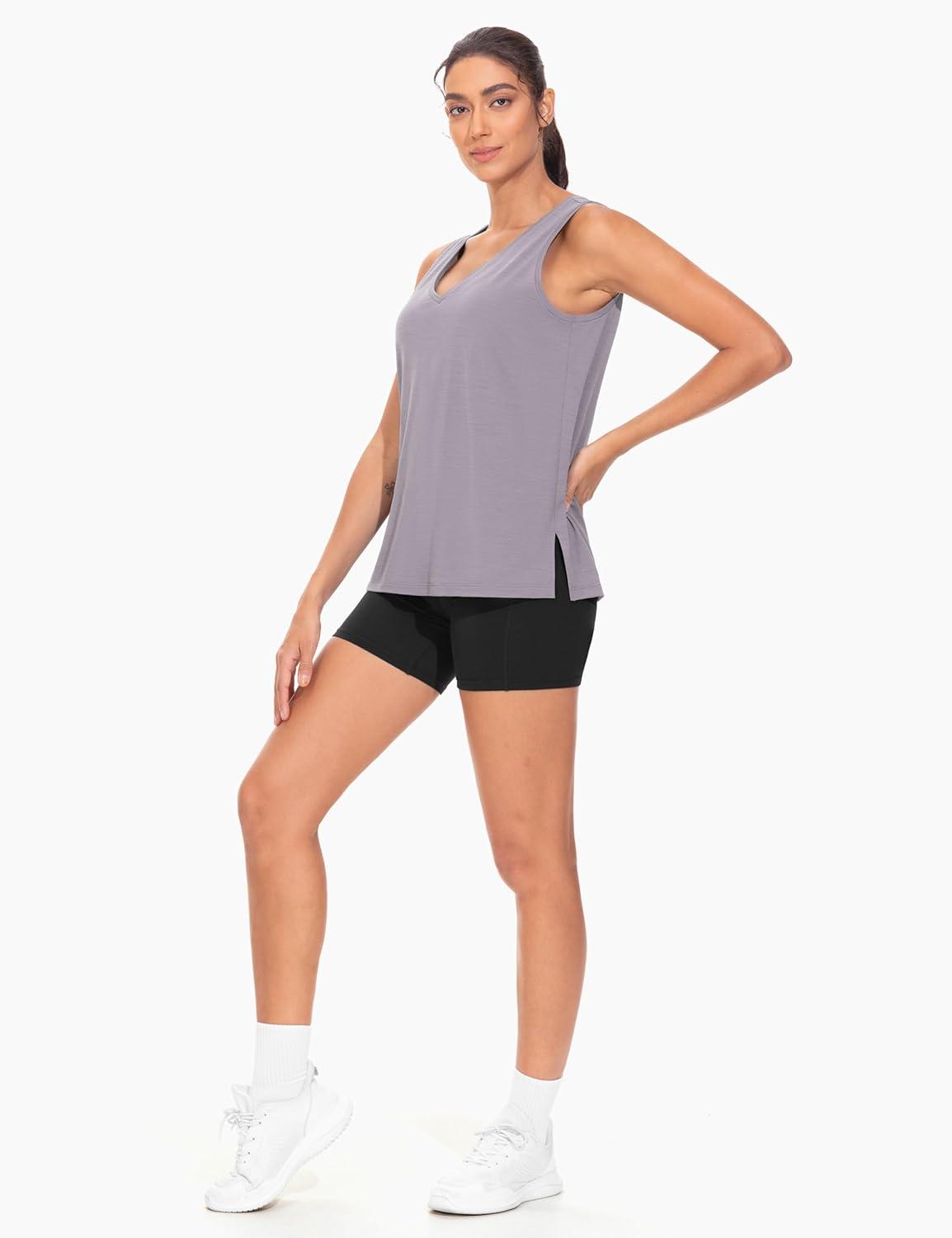 imageTHE GYM PEOPLE Womens V Neck Tank Tops Stretchy Loose Fit Sleeveless Workout Shirts Quick Dry Yoga Tops with Side SplitGrey Purple