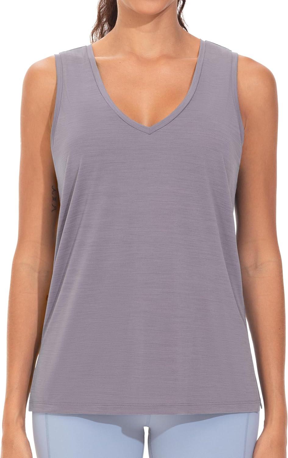 imageTHE GYM PEOPLE Womens V Neck Tank Tops Stretchy Loose Fit Sleeveless Workout Shirts Quick Dry Yoga Tops with Side SplitGrey Purple