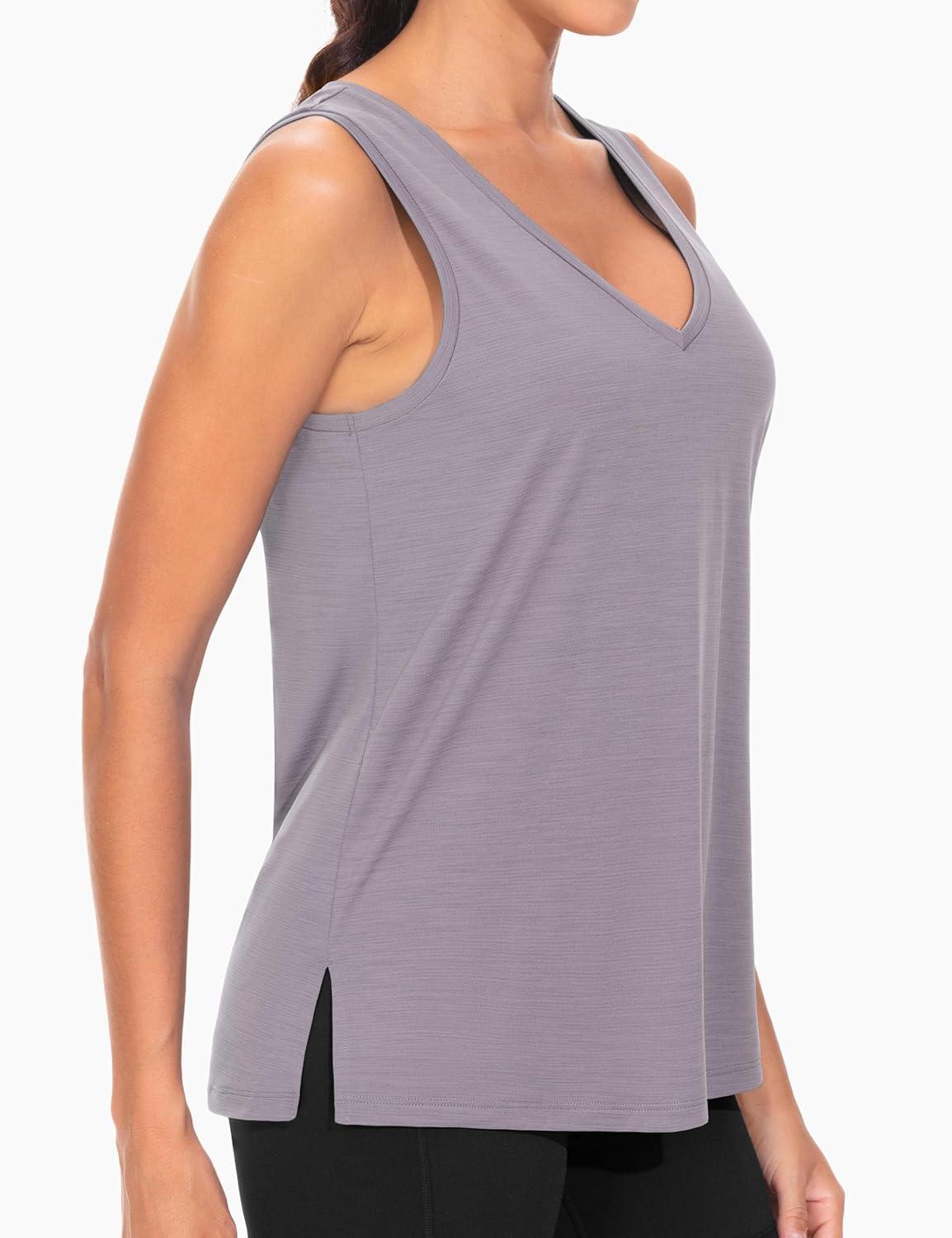 imageTHE GYM PEOPLE Womens V Neck Tank Tops Stretchy Loose Fit Sleeveless Workout Shirts Quick Dry Yoga Tops with Side SplitGrey Purple