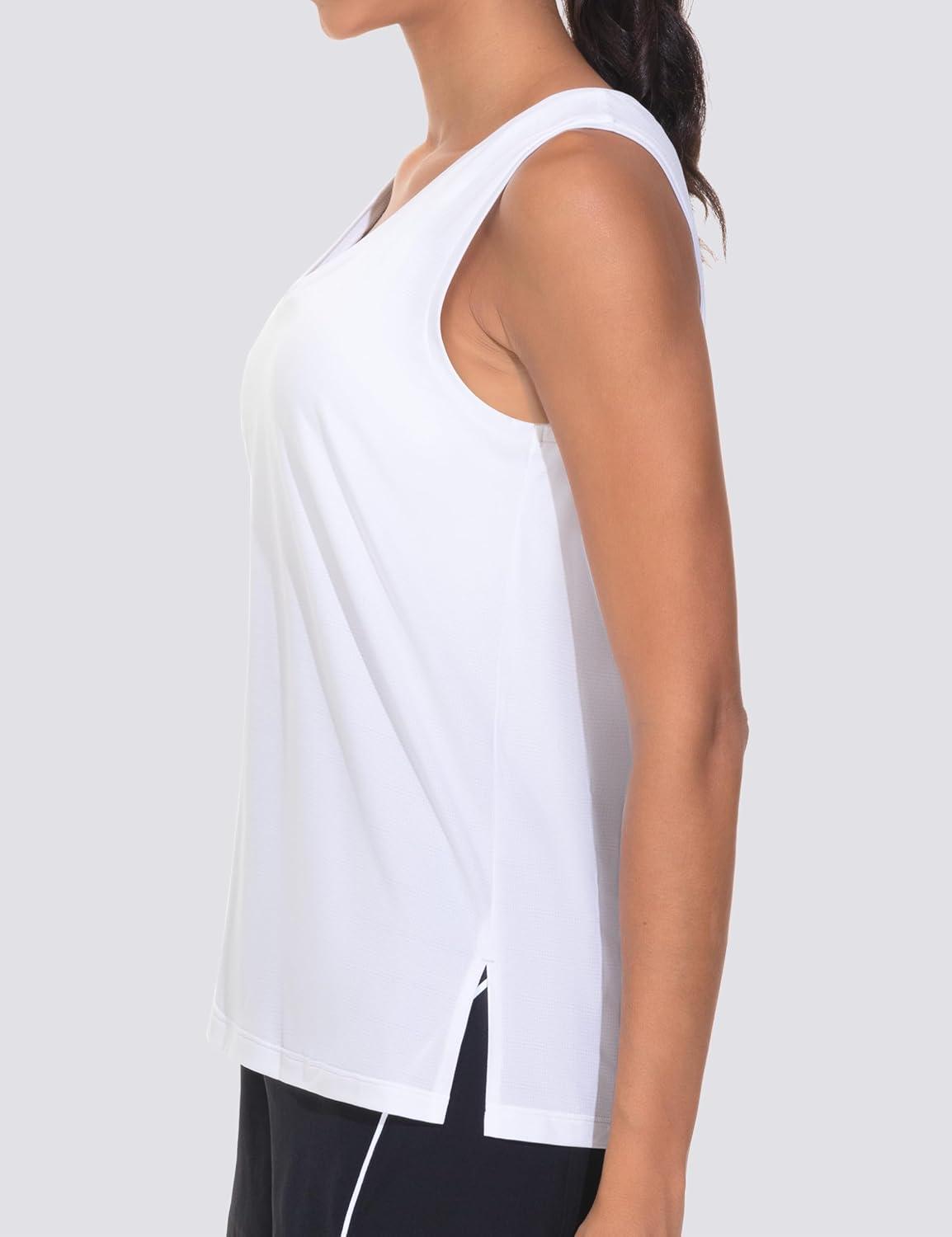 imageTHE GYM PEOPLE Womens V Neck Tank Tops Stretchy Loose Fit Sleeveless Workout Shirts Quick Dry Yoga Tops with Side SplitWhite