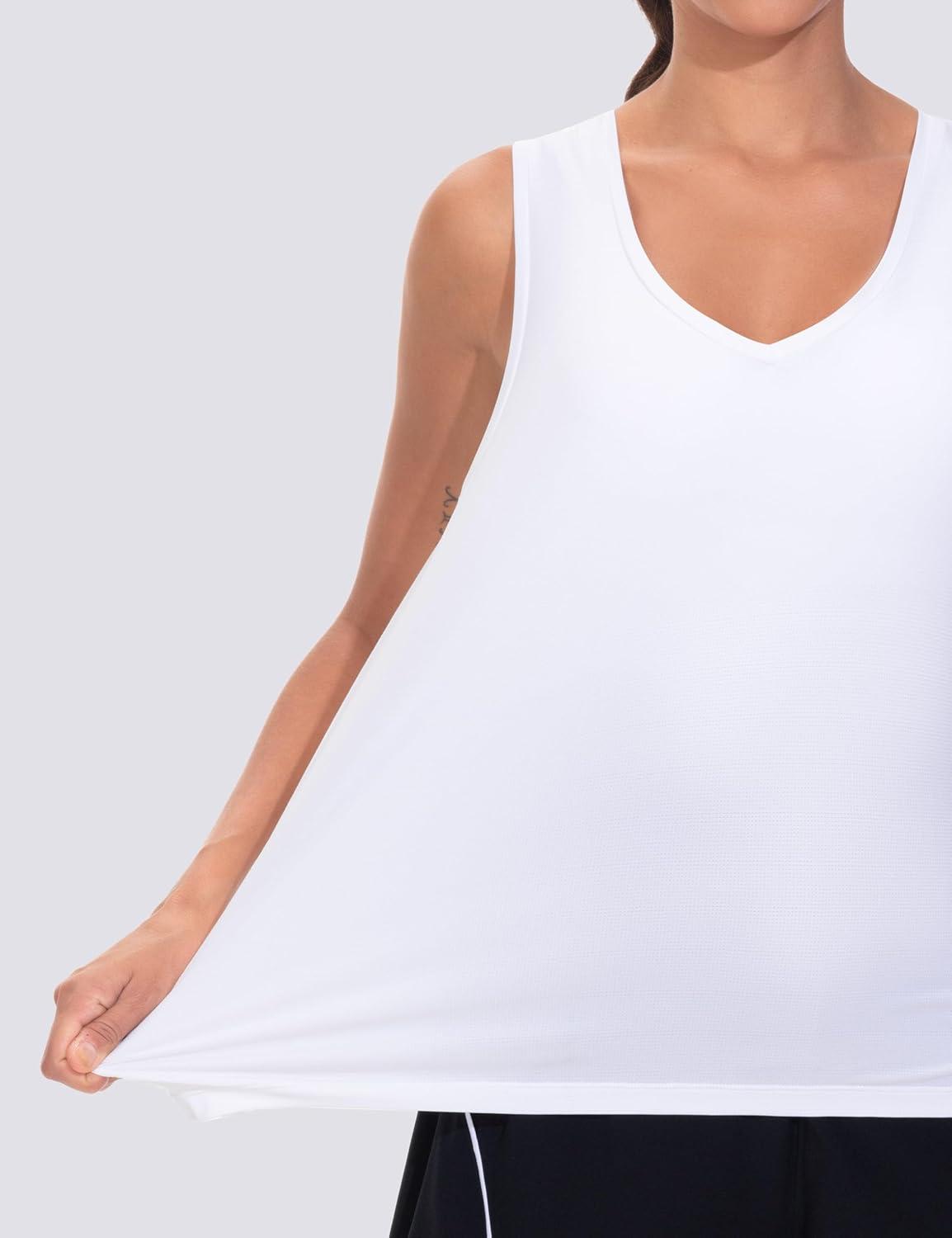imageTHE GYM PEOPLE Womens V Neck Tank Tops Stretchy Loose Fit Sleeveless Workout Shirts Quick Dry Yoga Tops with Side SplitWhite