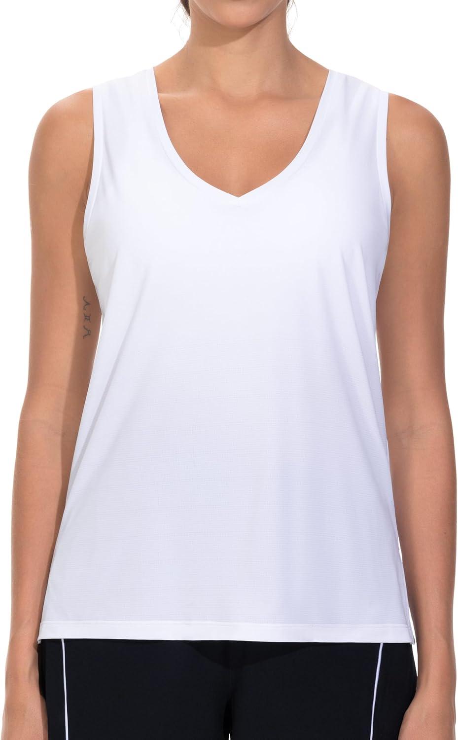 imageTHE GYM PEOPLE Womens V Neck Tank Tops Stretchy Loose Fit Sleeveless Workout Shirts Quick Dry Yoga Tops with Side SplitWhite