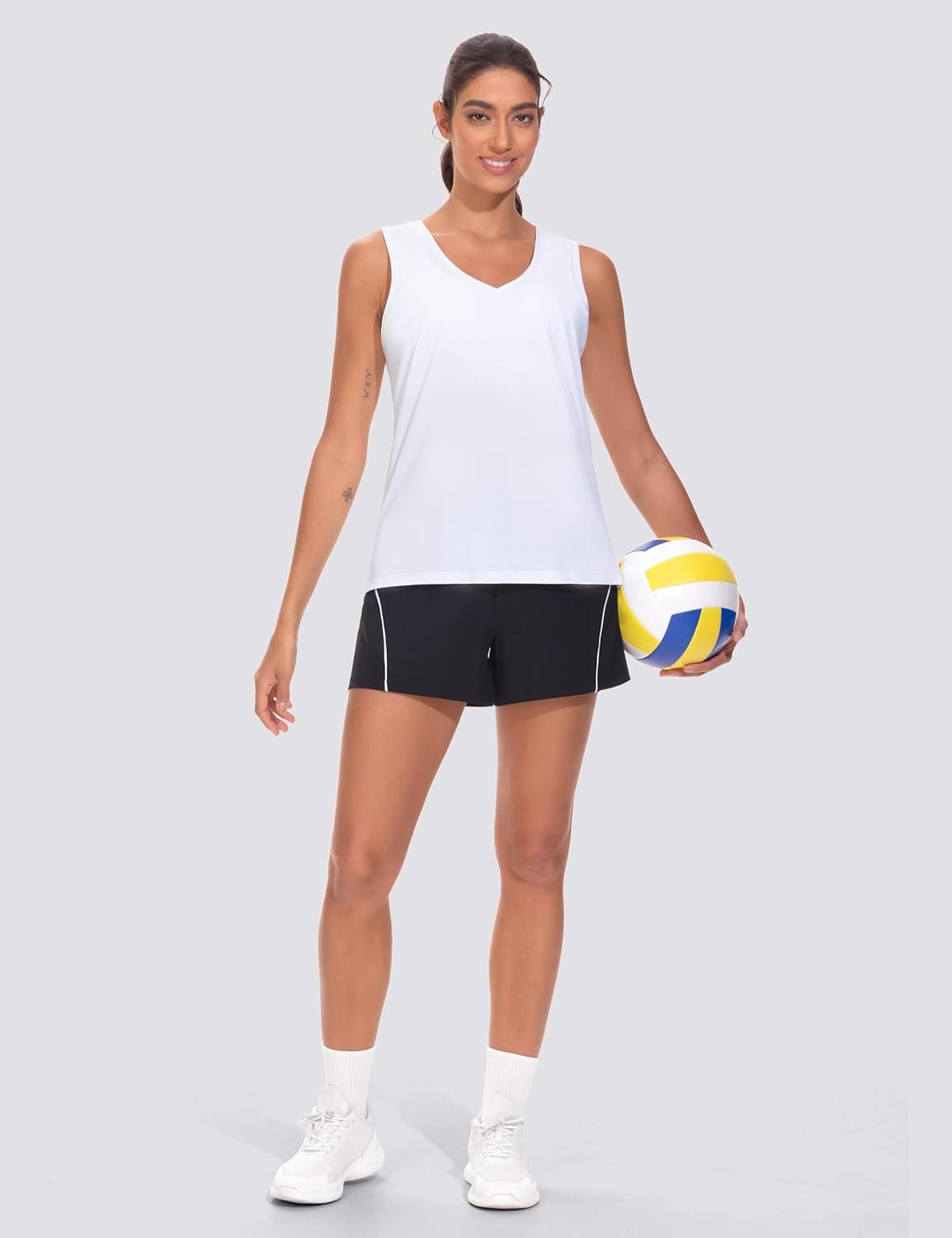 imageTHE GYM PEOPLE Womens V Neck Tank Tops Stretchy Loose Fit Sleeveless Workout Shirts Quick Dry Yoga Tops with Side SplitWhite