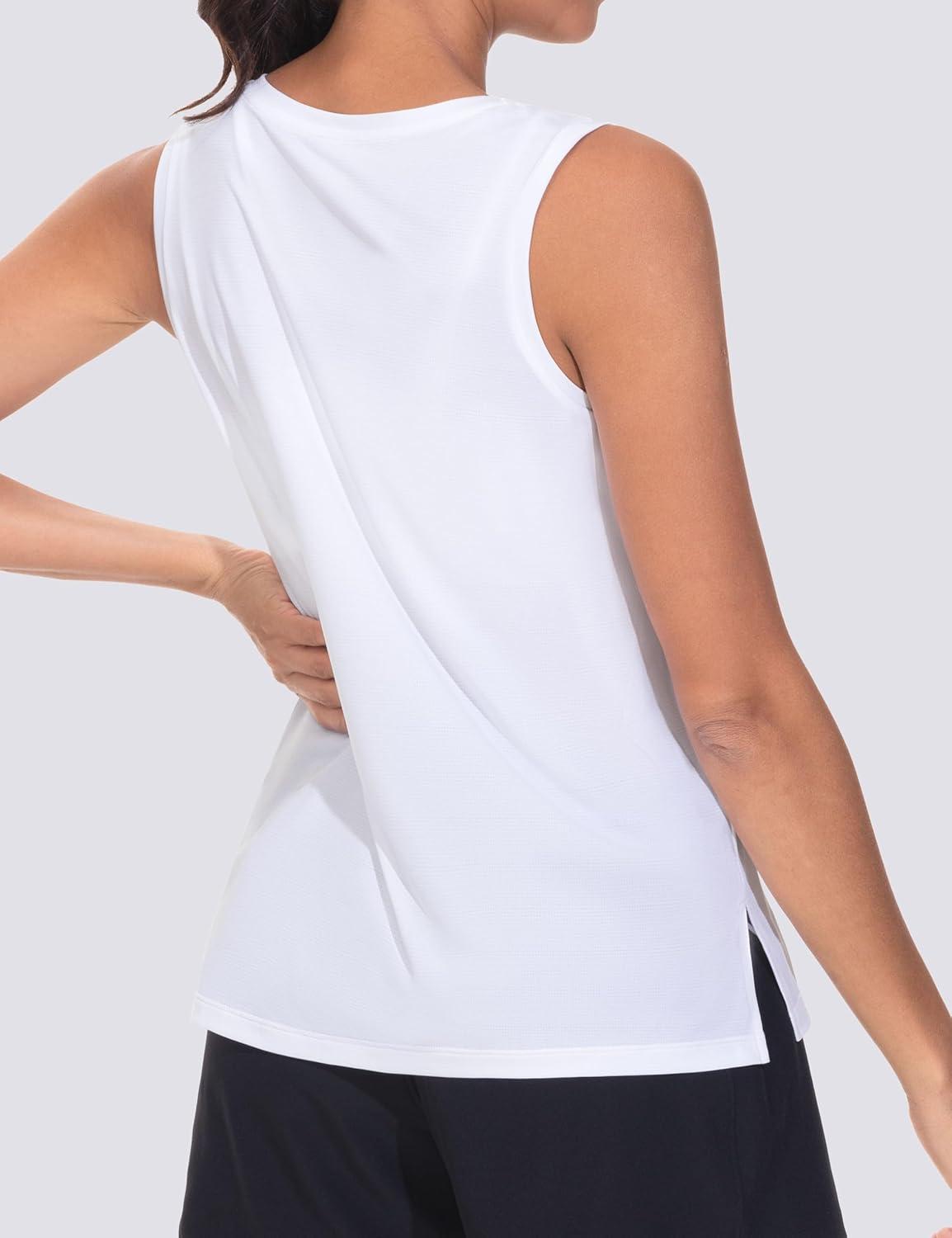 imageTHE GYM PEOPLE Womens V Neck Tank Tops Stretchy Loose Fit Sleeveless Workout Shirts Quick Dry Yoga Tops with Side SplitWhite