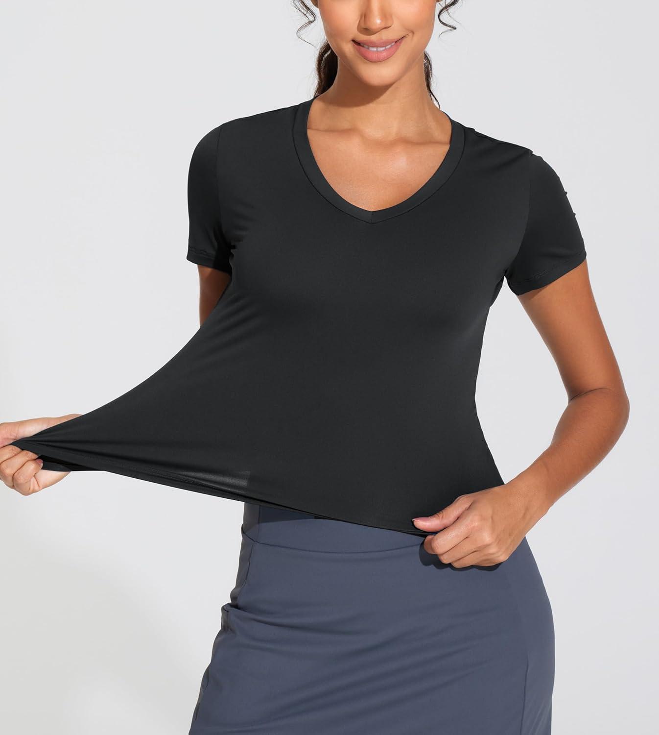 imageTHE GYM PEOPLE Womens VNeck Crop Workout TShirts Slim Fit Basic Short Sleeve Yoga Casual Tee TopsBlack