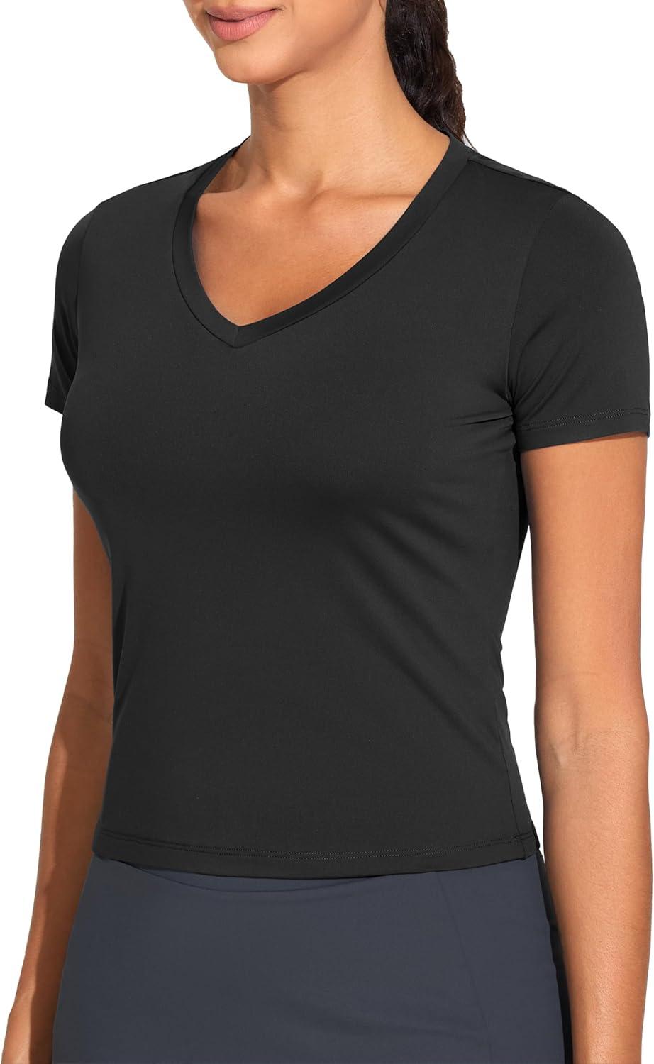 imageTHE GYM PEOPLE Womens VNeck Crop Workout TShirts Slim Fit Basic Short Sleeve Yoga Casual Tee TopsBlack