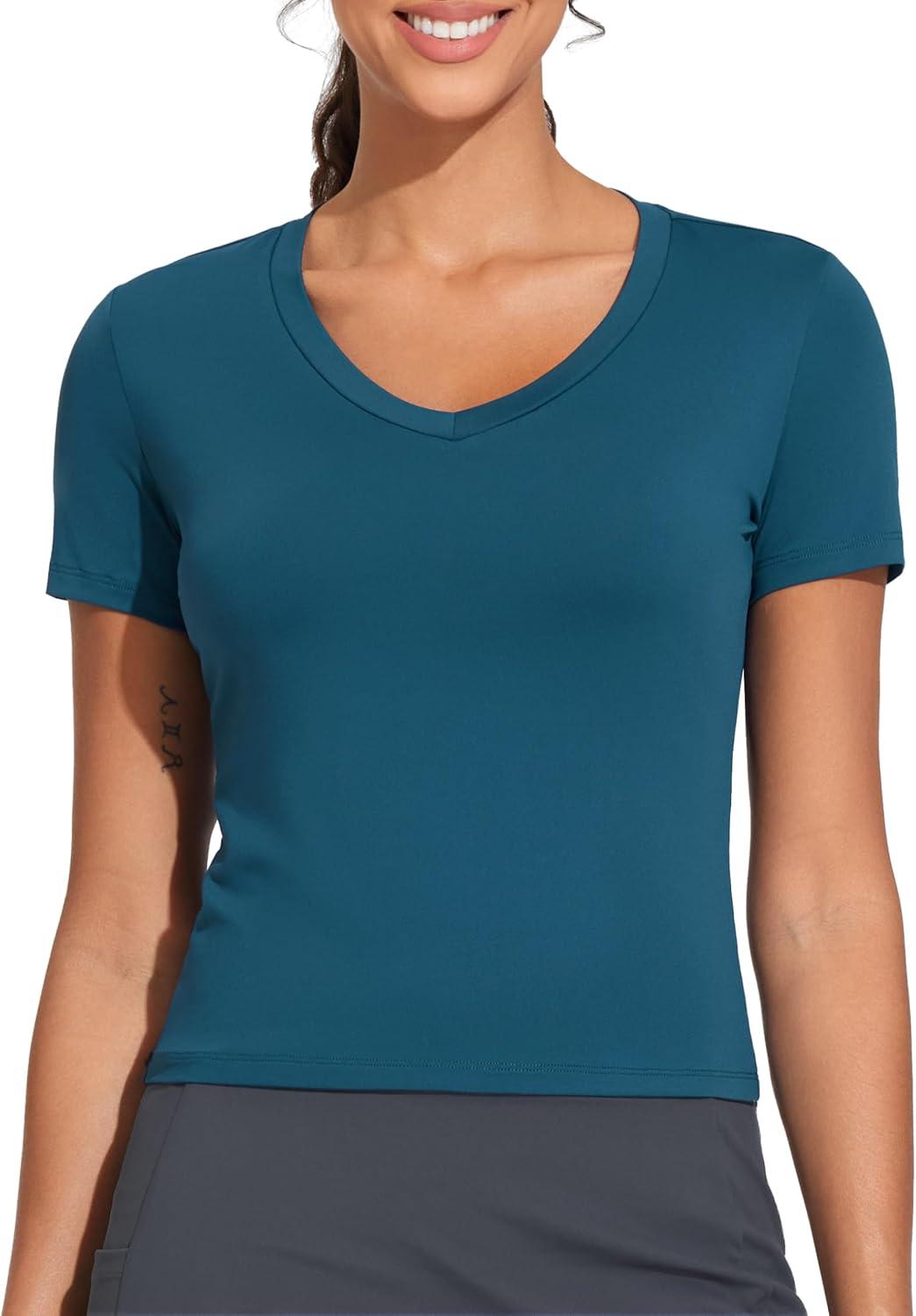 imageTHE GYM PEOPLE Womens VNeck Crop Workout TShirts Slim Fit Basic Short Sleeve Yoga Casual Tee TopsDark Blue Green