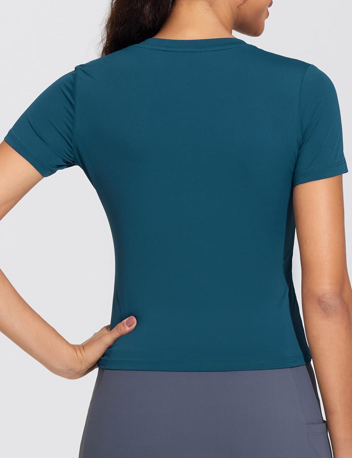 imageTHE GYM PEOPLE Womens VNeck Crop Workout TShirts Slim Fit Basic Short Sleeve Yoga Casual Tee TopsDark Blue Green