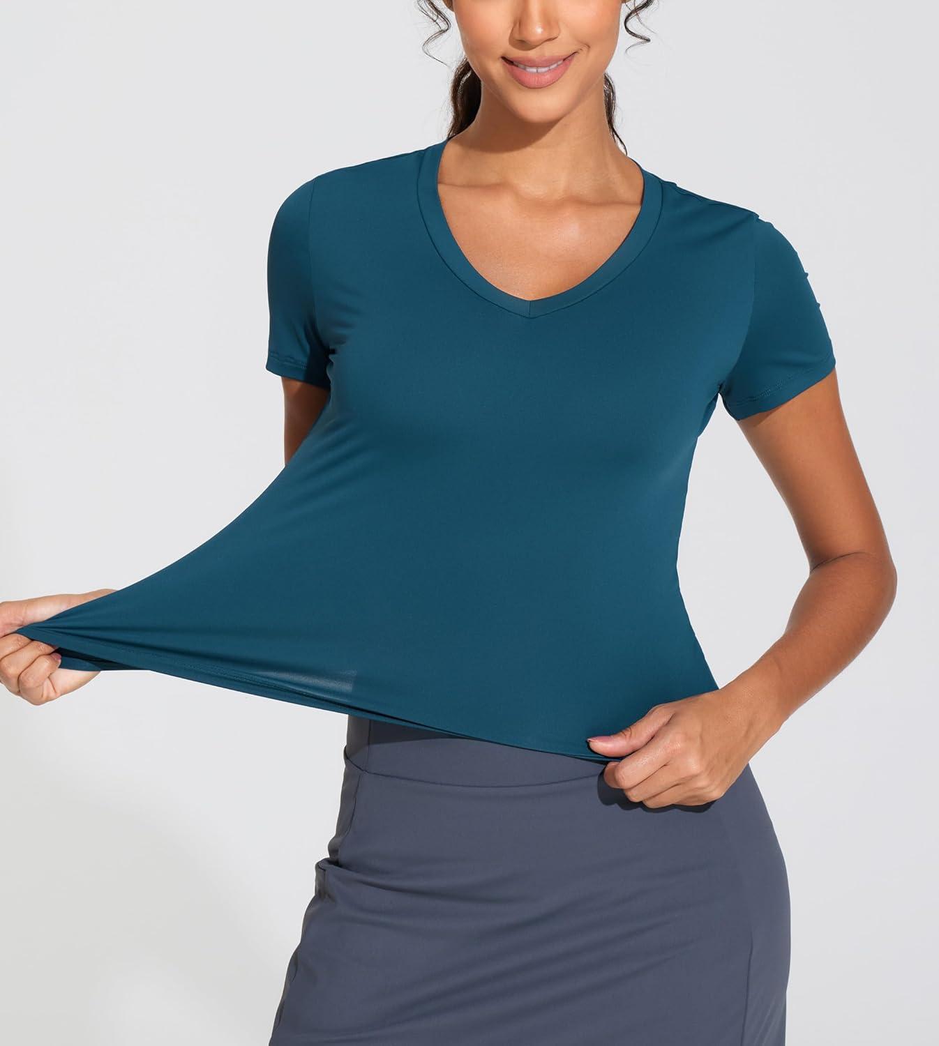 imageTHE GYM PEOPLE Womens VNeck Crop Workout TShirts Slim Fit Basic Short Sleeve Yoga Casual Tee TopsDark Blue Green