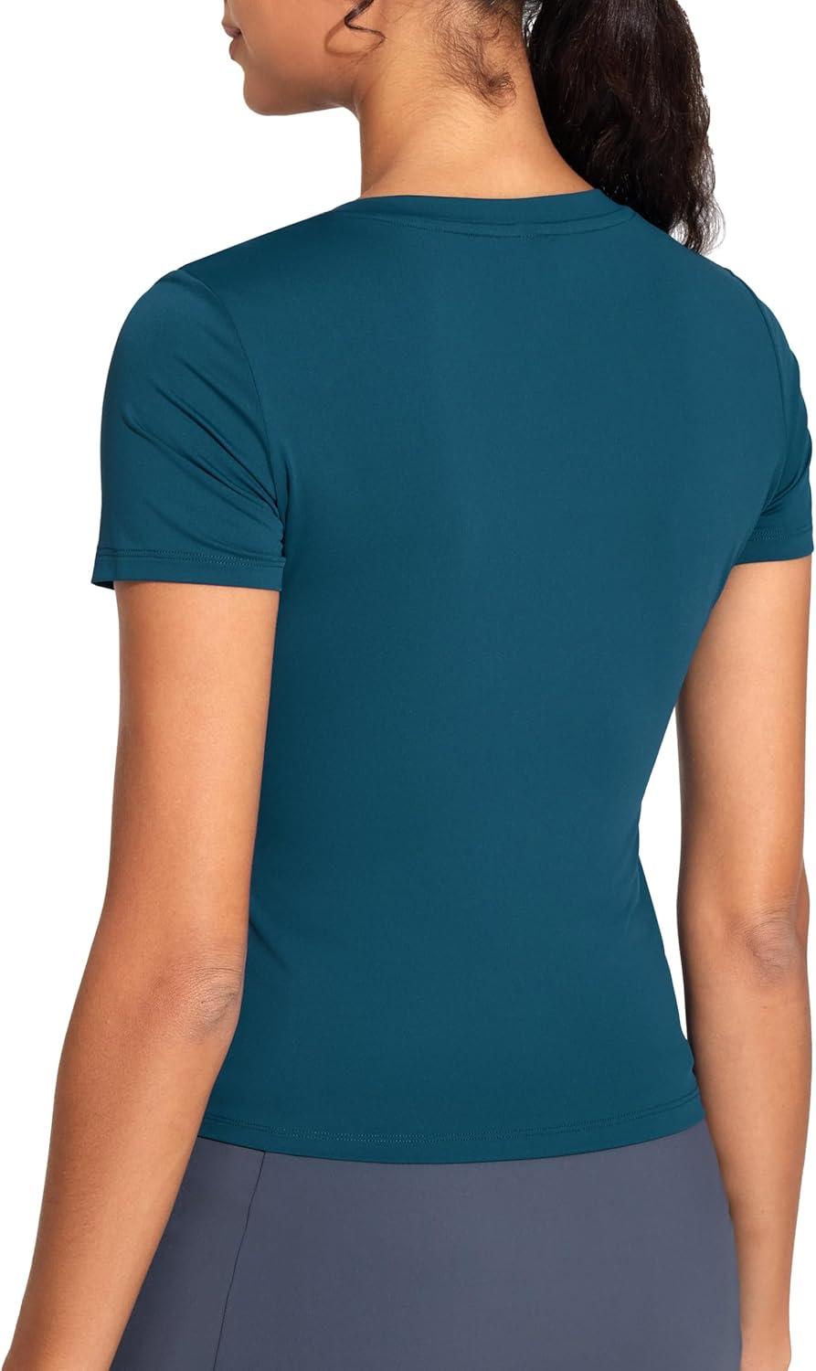 imageTHE GYM PEOPLE Womens VNeck Crop Workout TShirts Slim Fit Basic Short Sleeve Yoga Casual Tee TopsDark Blue Green