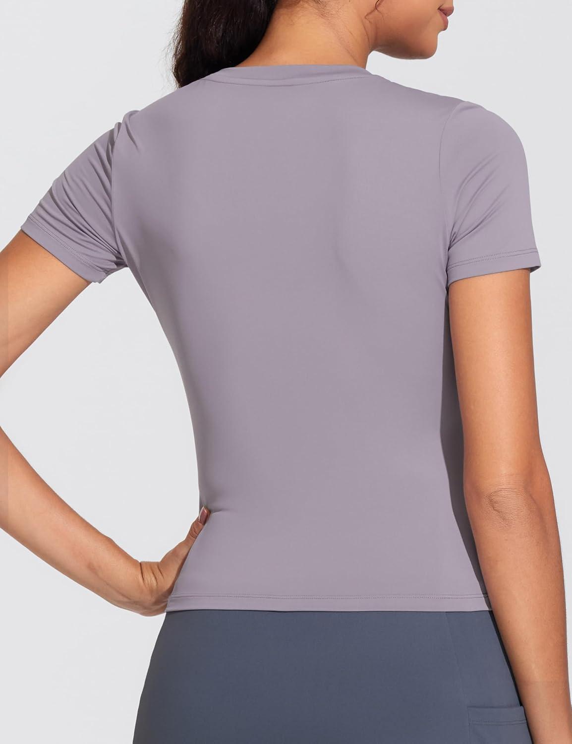 imageTHE GYM PEOPLE Womens VNeck Crop Workout TShirts Slim Fit Basic Short Sleeve Yoga Casual Tee TopsGrey Purple