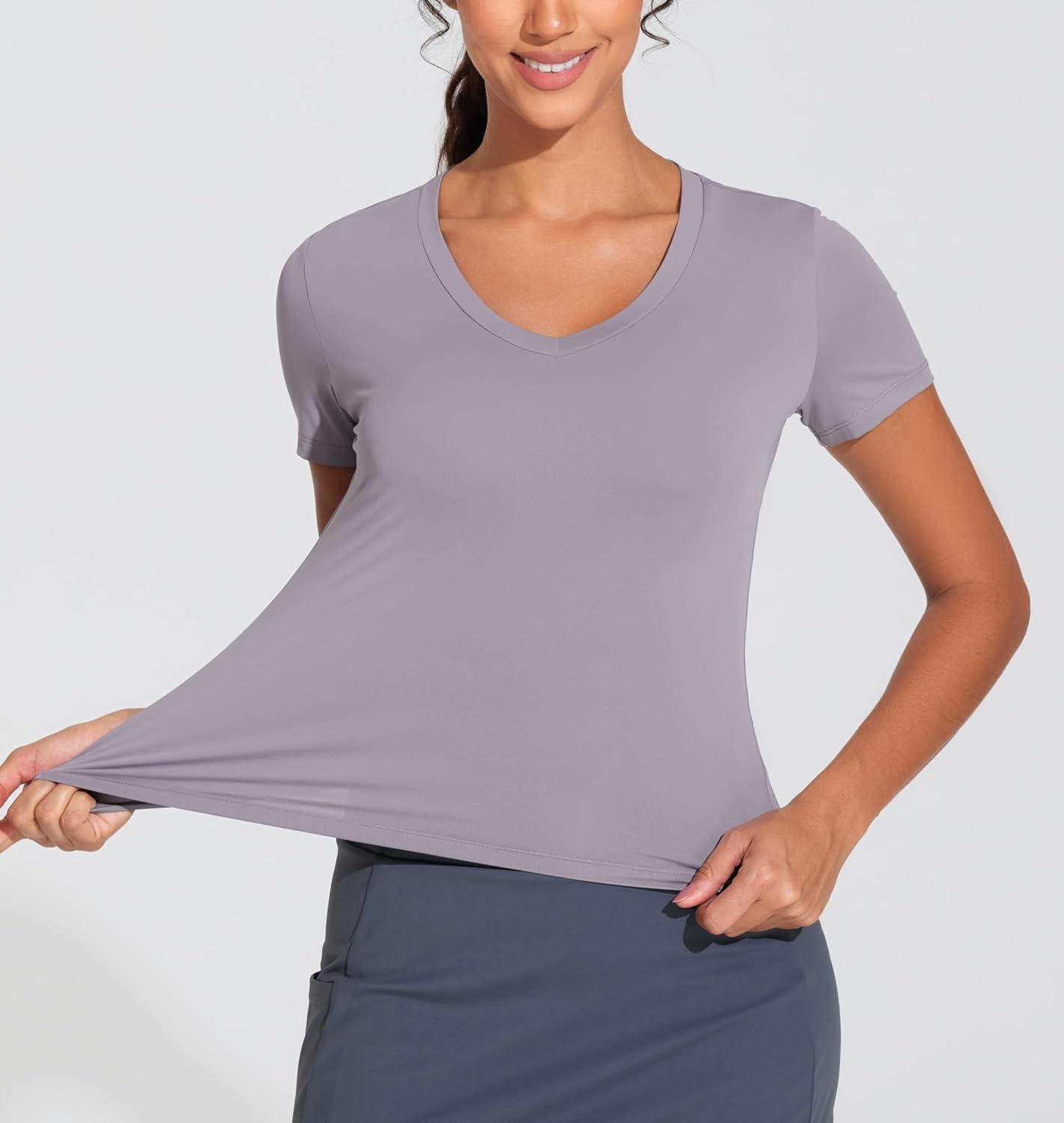 imageTHE GYM PEOPLE Womens VNeck Crop Workout TShirts Slim Fit Basic Short Sleeve Yoga Casual Tee TopsGrey Purple