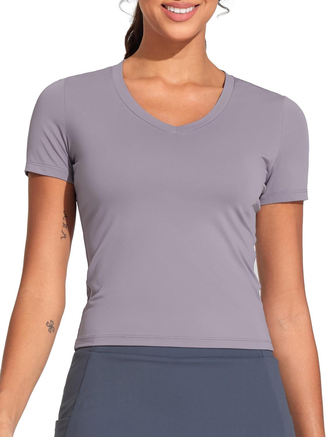 imageTHE GYM PEOPLE Womens VNeck Crop Workout TShirts Slim Fit Basic Short Sleeve Yoga Casual Tee TopsGrey Purple
