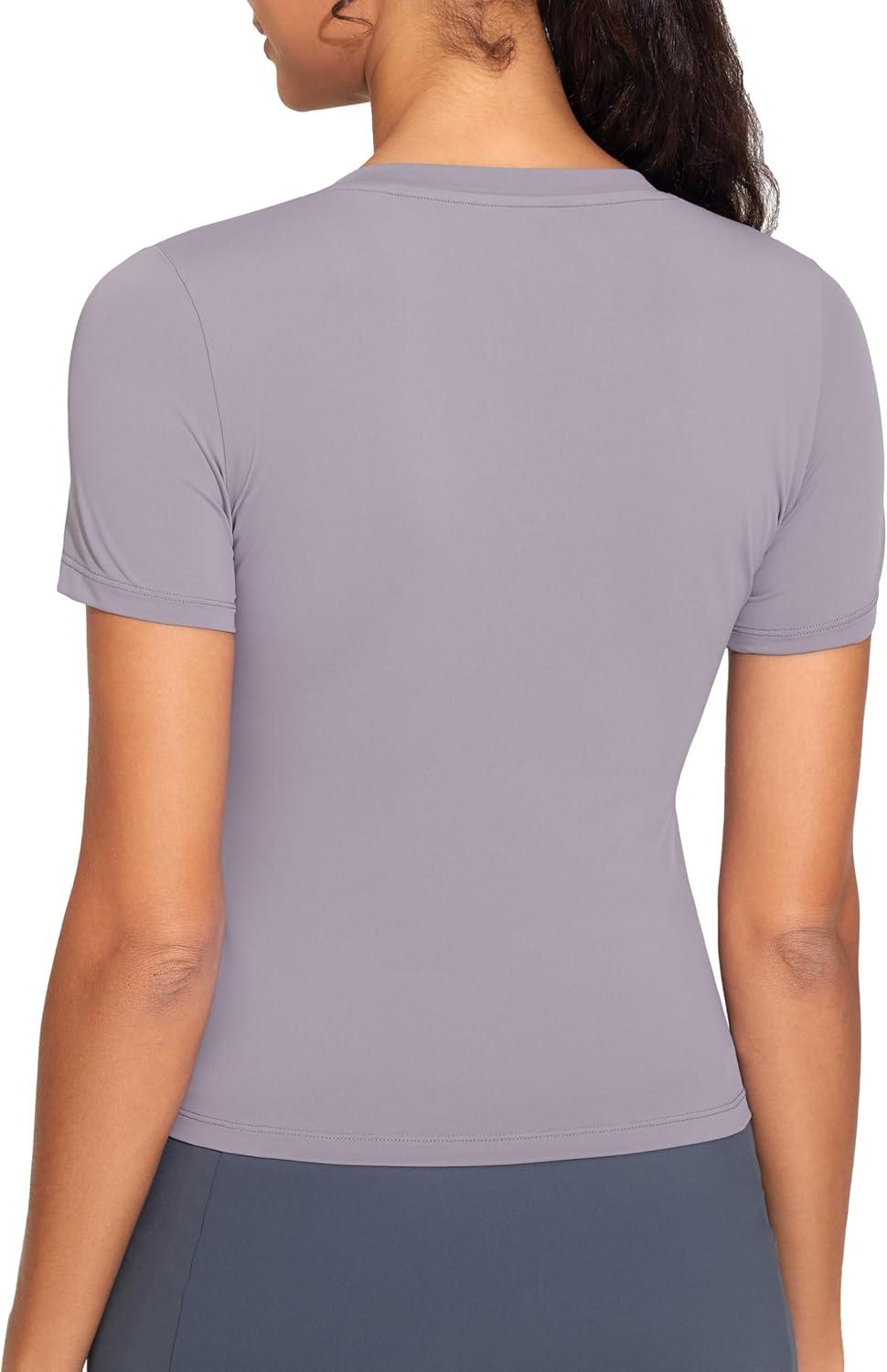imageTHE GYM PEOPLE Womens VNeck Crop Workout TShirts Slim Fit Basic Short Sleeve Yoga Casual Tee TopsGrey Purple