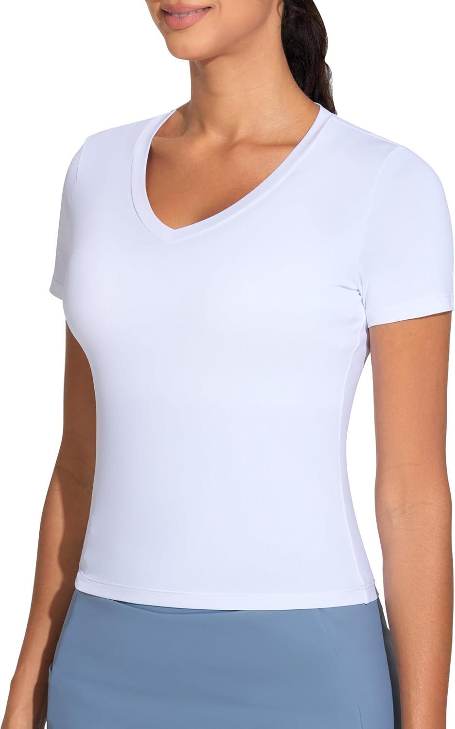 imageTHE GYM PEOPLE Womens VNeck Crop Workout TShirts Slim Fit Basic Short Sleeve Yoga Casual Tee TopsWhite
