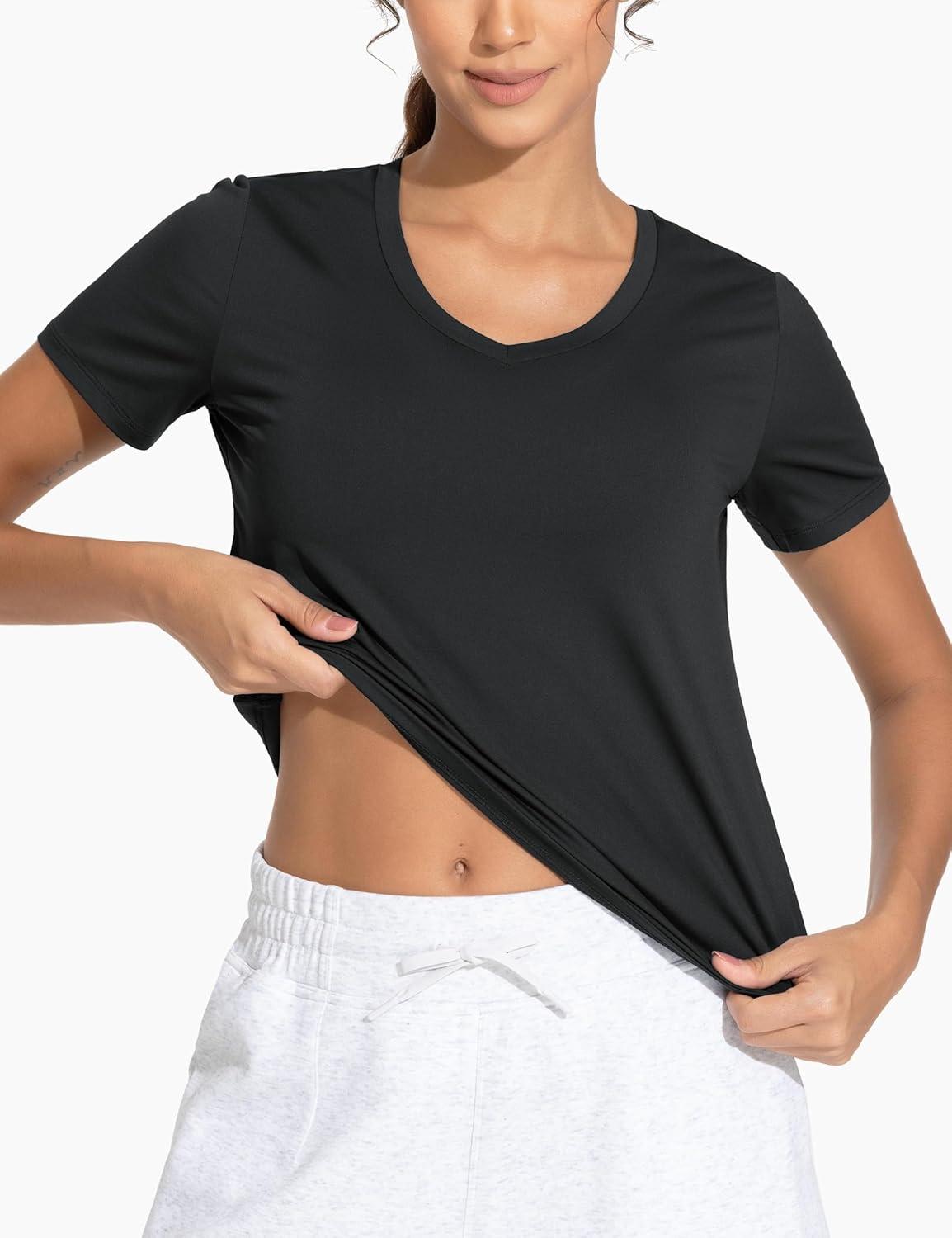 imageTHE GYM PEOPLE Womens VNeck Workout Shirts Short Sleeve Breathable Basic Yoga Athletic TShirtsBlack