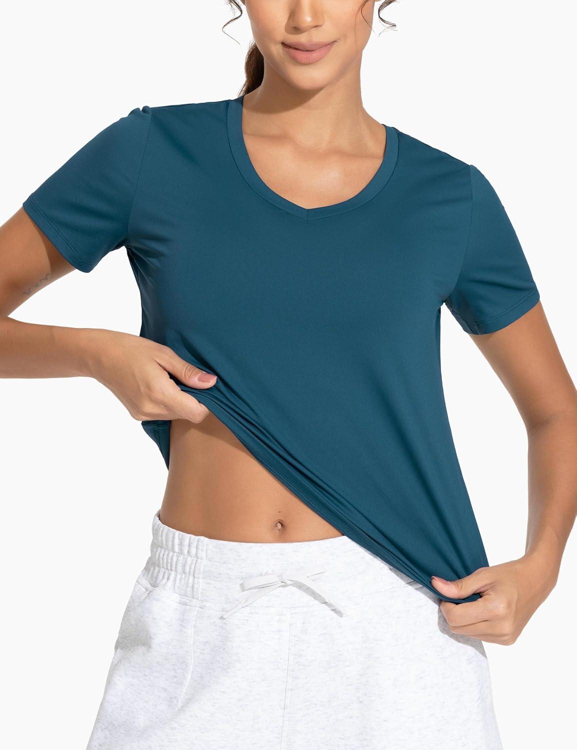 imageTHE GYM PEOPLE Womens VNeck Workout Shirts Short Sleeve Breathable Basic Yoga Athletic TShirtsDark Blue Green