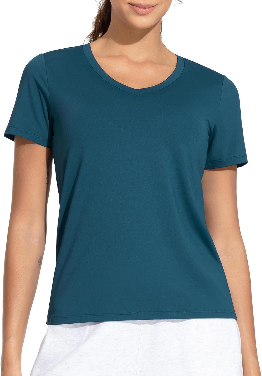 imageTHE GYM PEOPLE Womens VNeck Workout Shirts Short Sleeve Breathable Basic Yoga Athletic TShirtsDark Blue Green