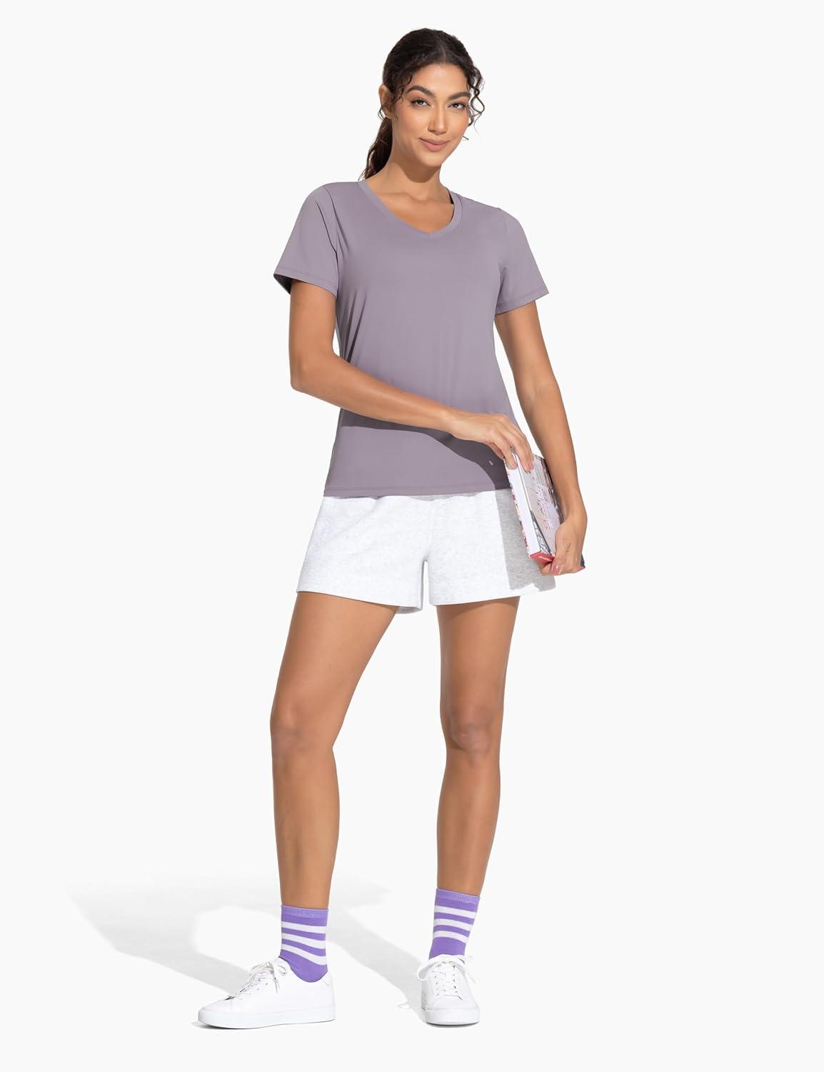 imageTHE GYM PEOPLE Womens VNeck Workout Shirts Short Sleeve Breathable Basic Yoga Athletic TShirtsGrey Purple