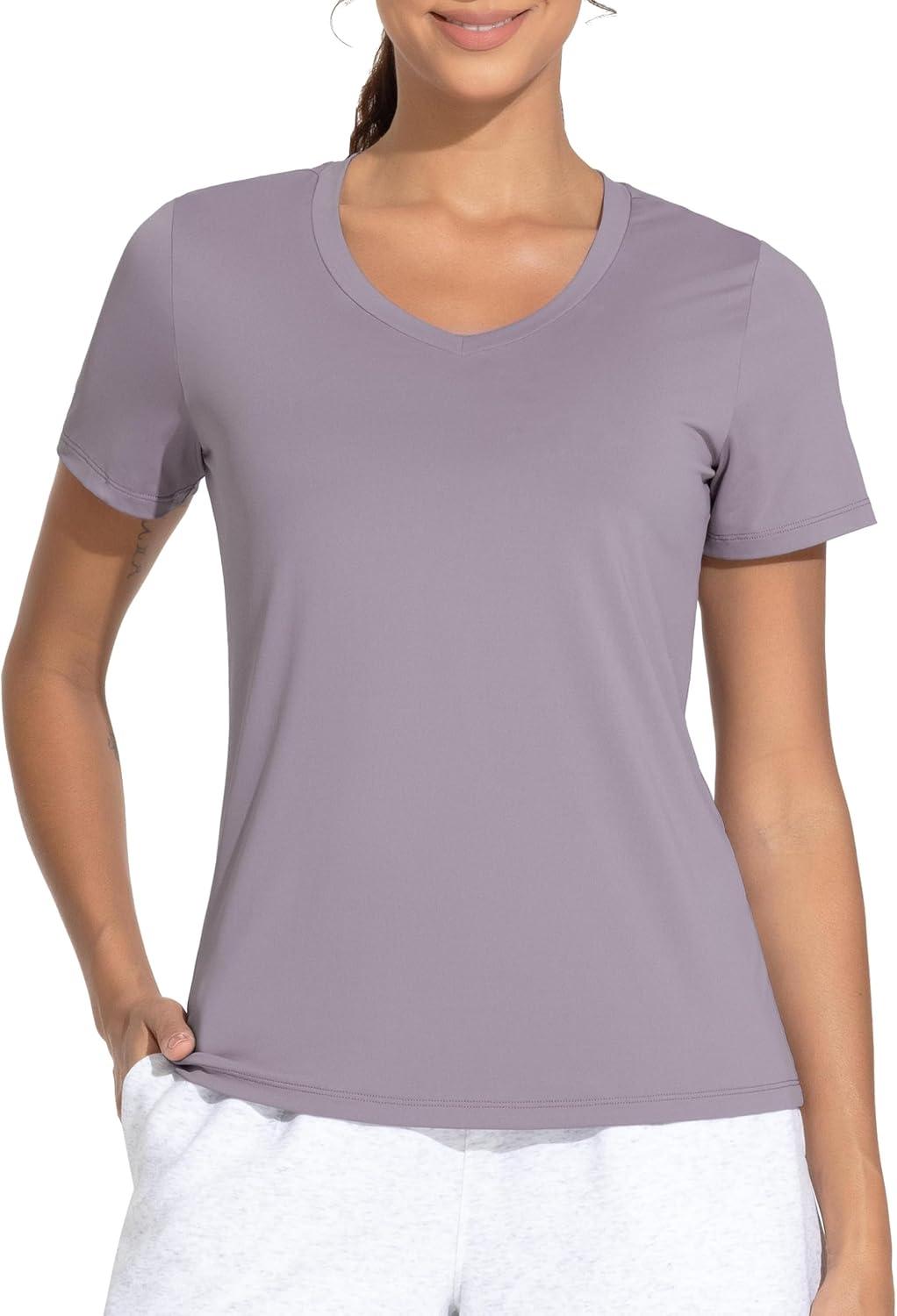 imageTHE GYM PEOPLE Womens VNeck Workout Shirts Short Sleeve Breathable Basic Yoga Athletic TShirtsGrey Purple
