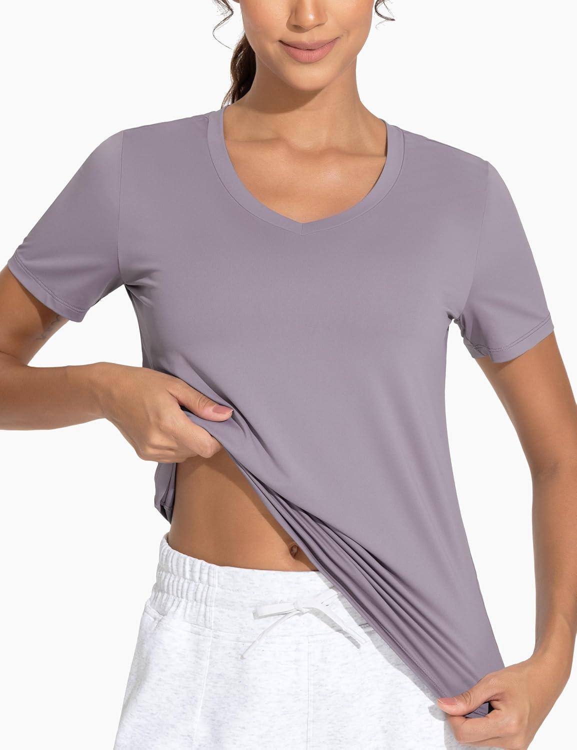 imageTHE GYM PEOPLE Womens VNeck Workout Shirts Short Sleeve Breathable Basic Yoga Athletic TShirtsGrey Purple