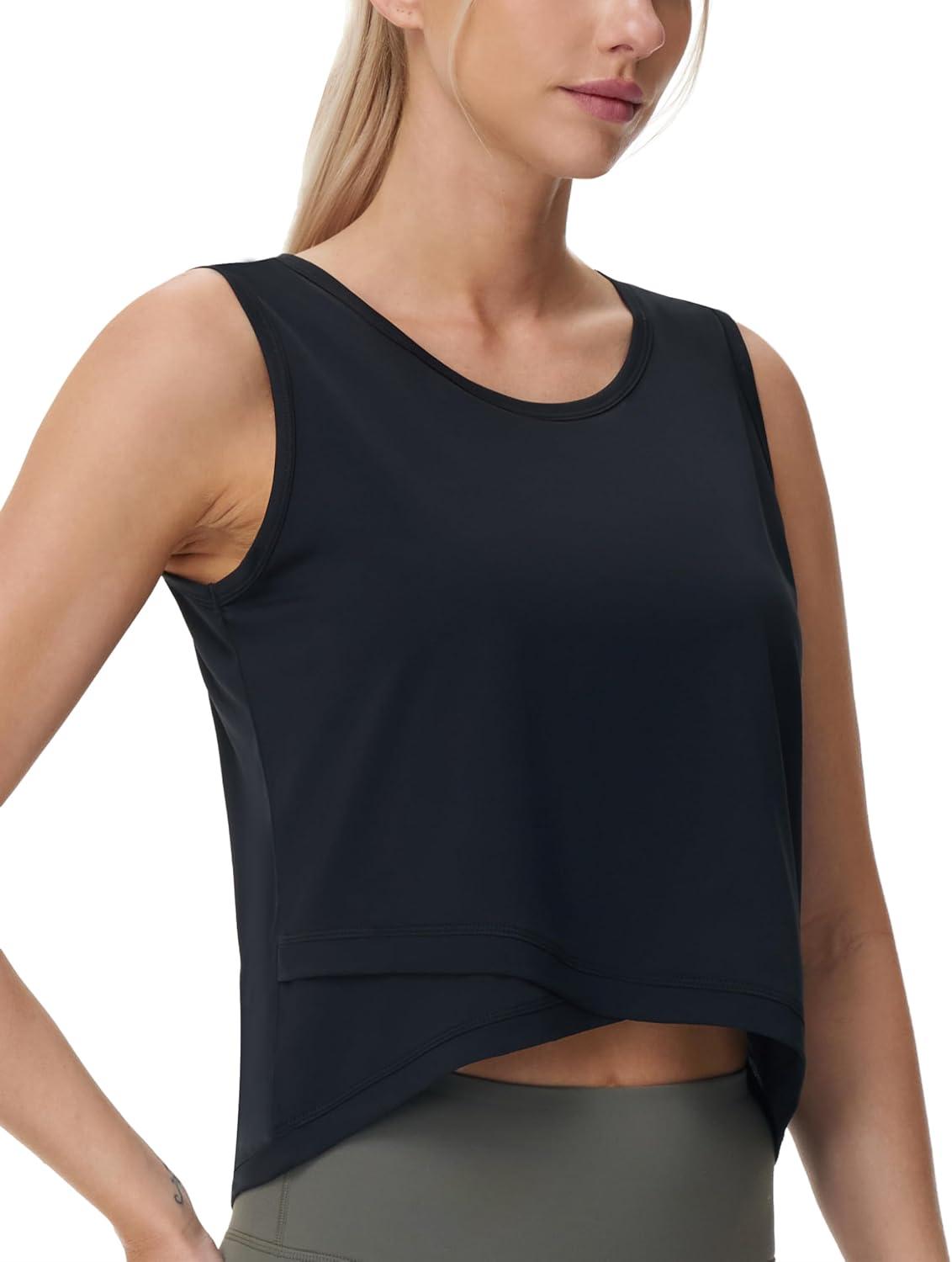 imageTHE GYM PEOPLE Womens Workout Crop Tank Tops Sleeveless Cross Hem Loose Fit Athletic Yoga ShirtsBlack