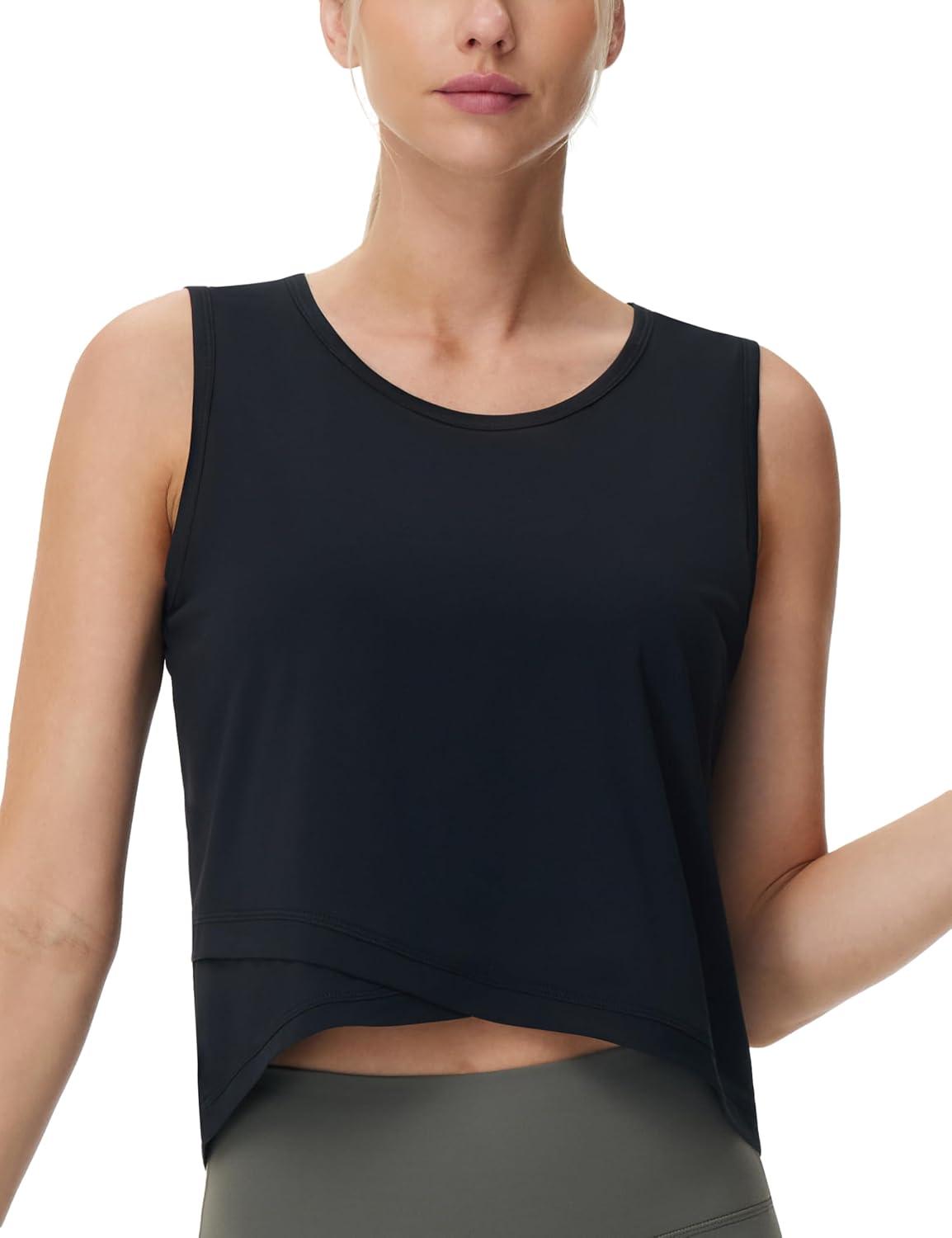 imageTHE GYM PEOPLE Womens Workout Crop Tank Tops Sleeveless Cross Hem Loose Fit Athletic Yoga ShirtsBlack