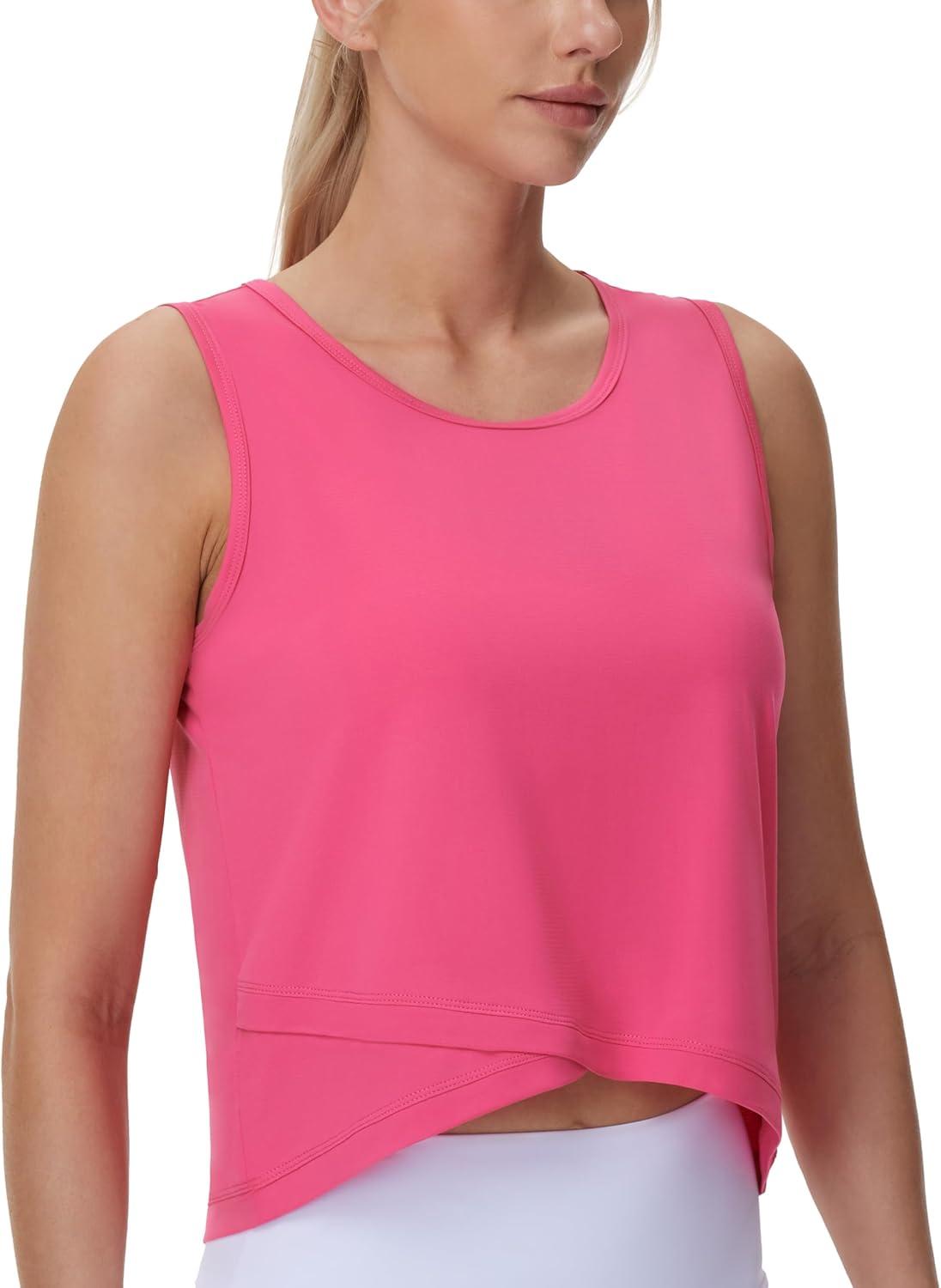 imageTHE GYM PEOPLE Womens Workout Crop Tank Tops Sleeveless Cross Hem Loose Fit Athletic Yoga ShirtsBright Pink